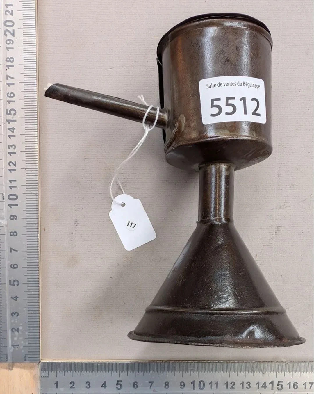 Antique iron oil lamp—see photos for dimensions and condition