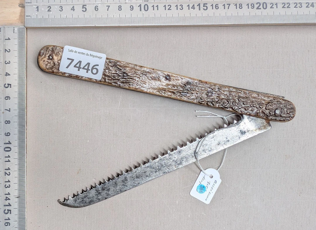 1 small vintage CALET AREIMS folding saw with a horn handle—see photos