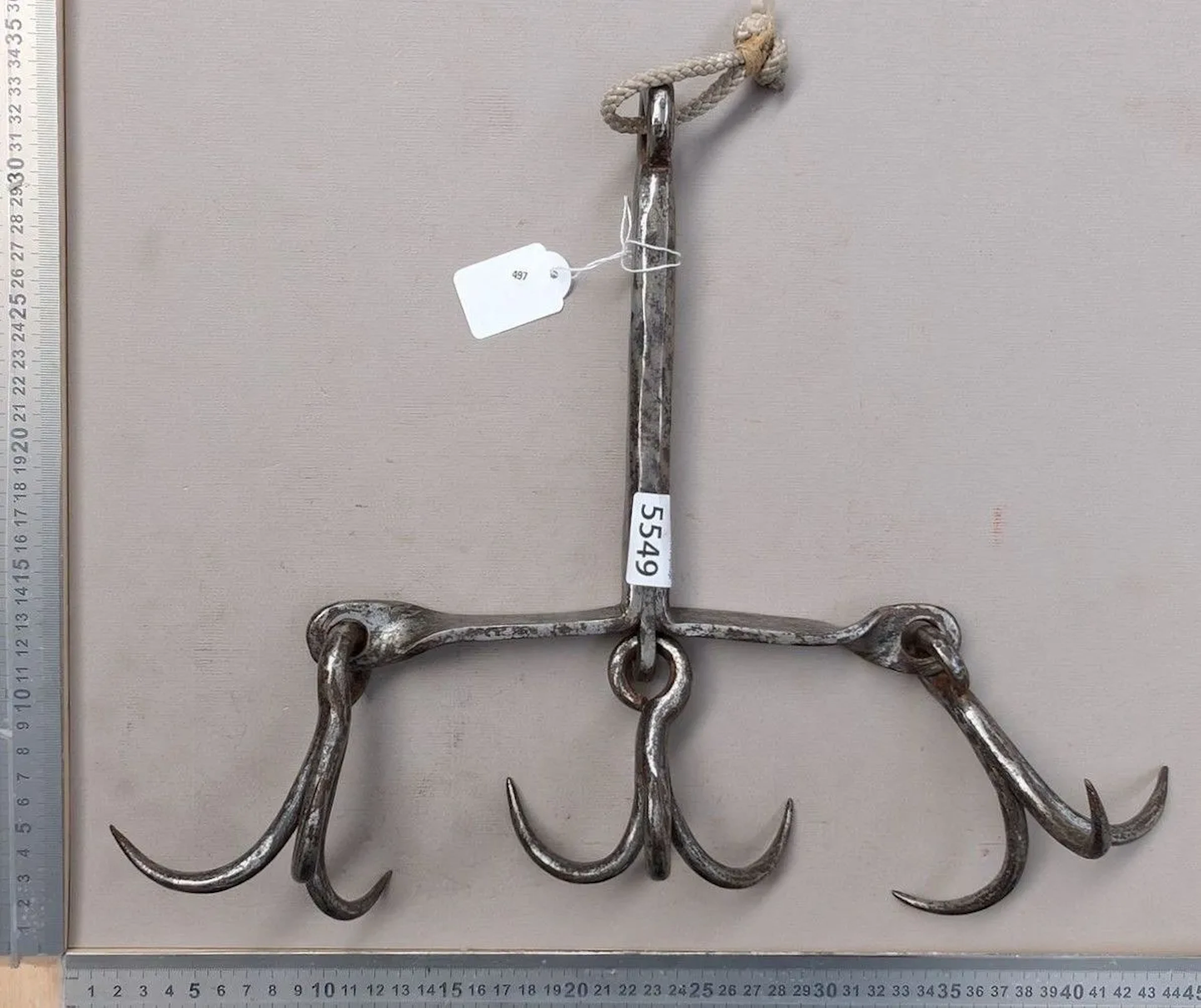 Antique wrought-iron salvage grapple, 3 articulated arms equipped