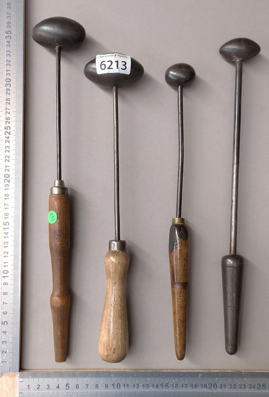 4 antique lace and hat irons—see photos for dimensions and condition