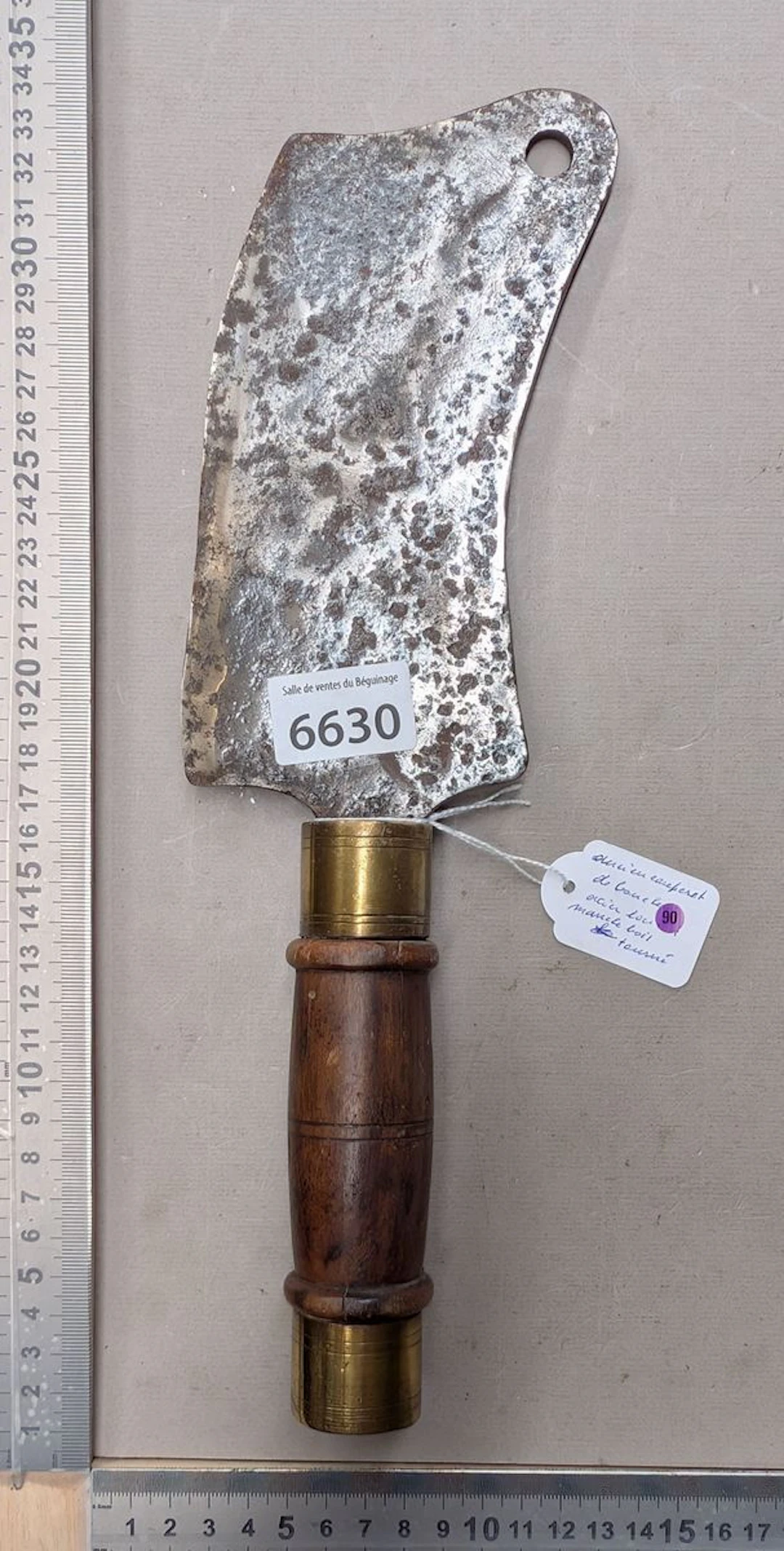 Antique brass-steel cleaver with wooden handle—see photos for dimensions