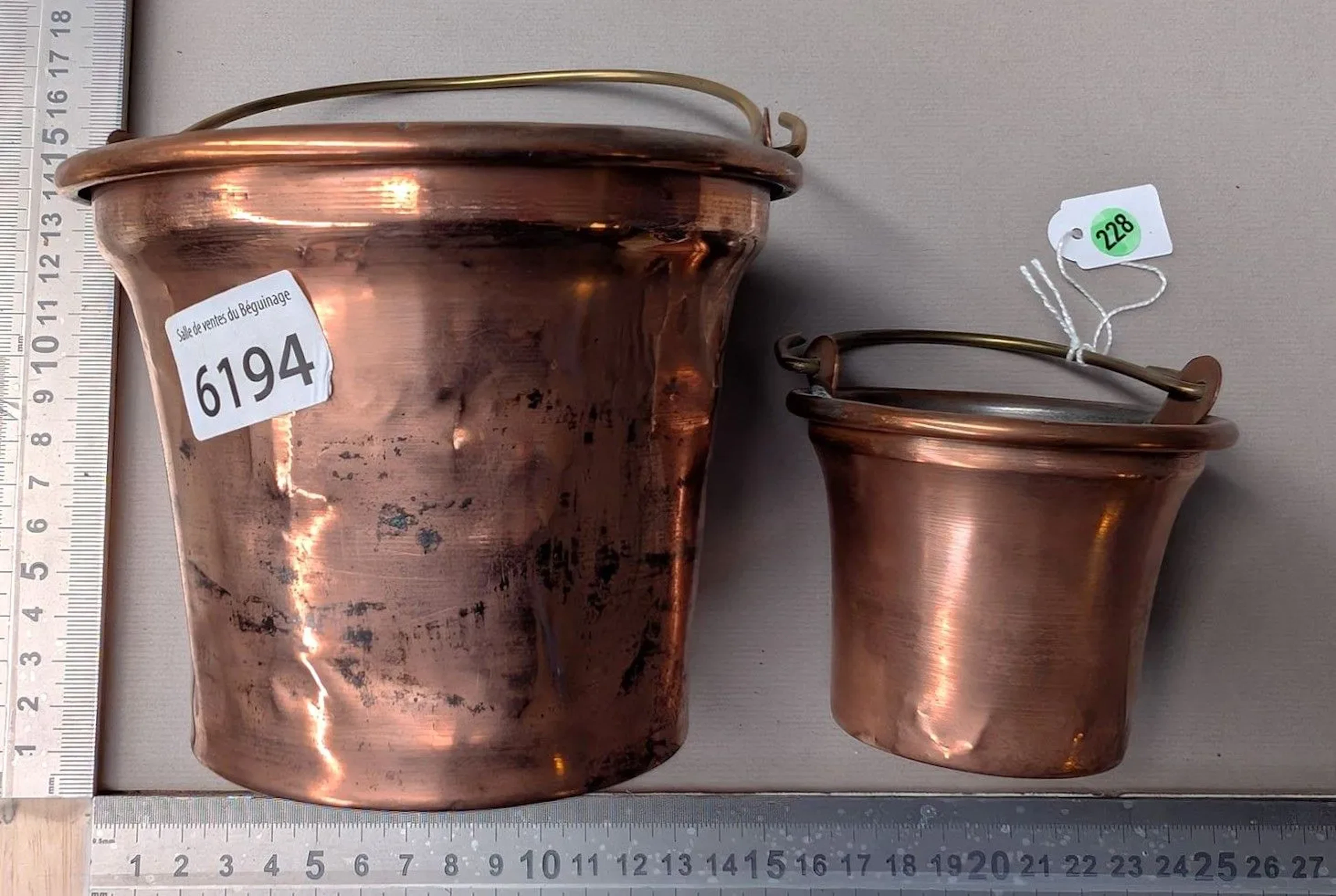 2 Antique 19th-century copper glue pots—see photos for dimensions and condition