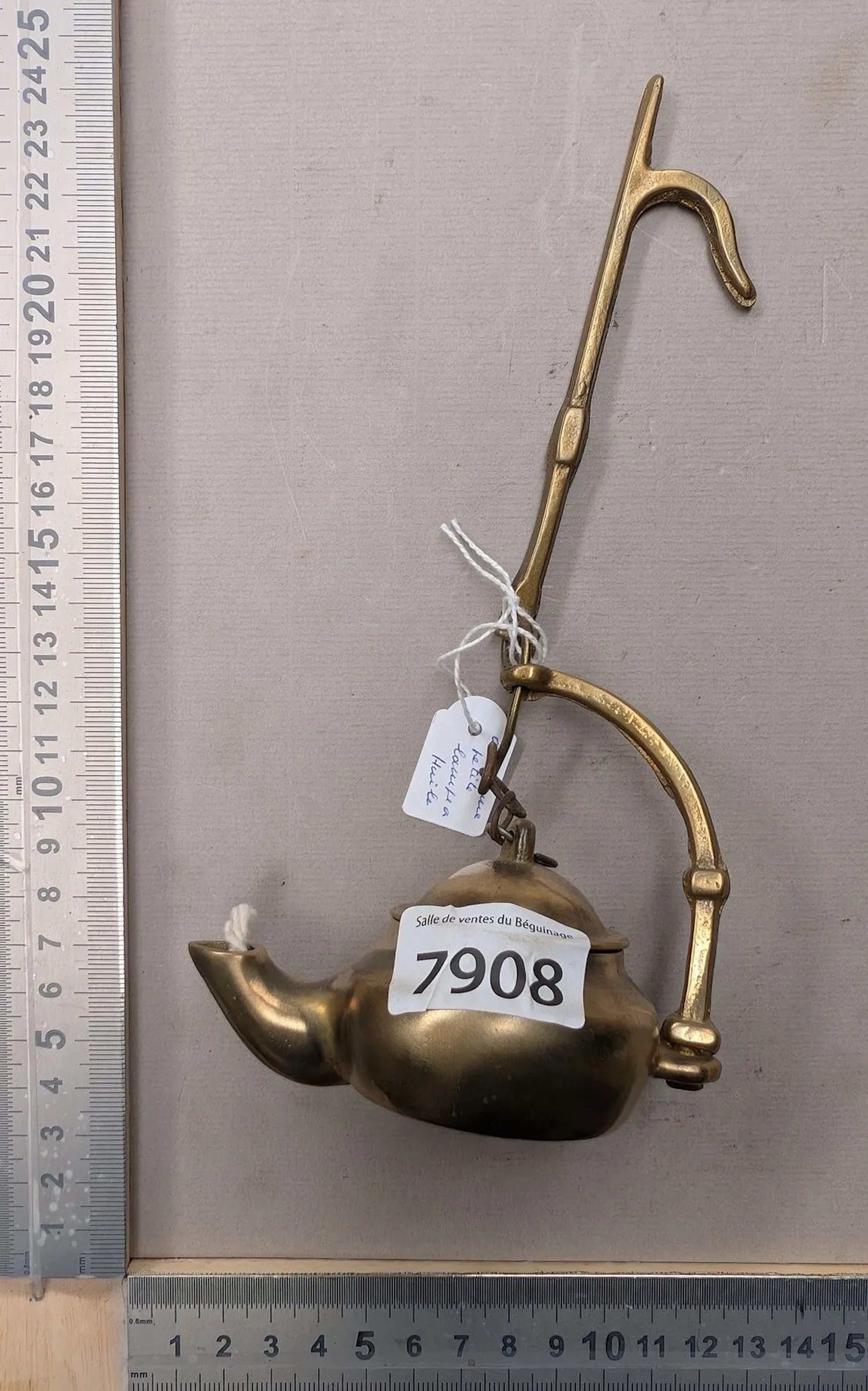 Antique small bronze oil lamp—see photos for dimensions and condition