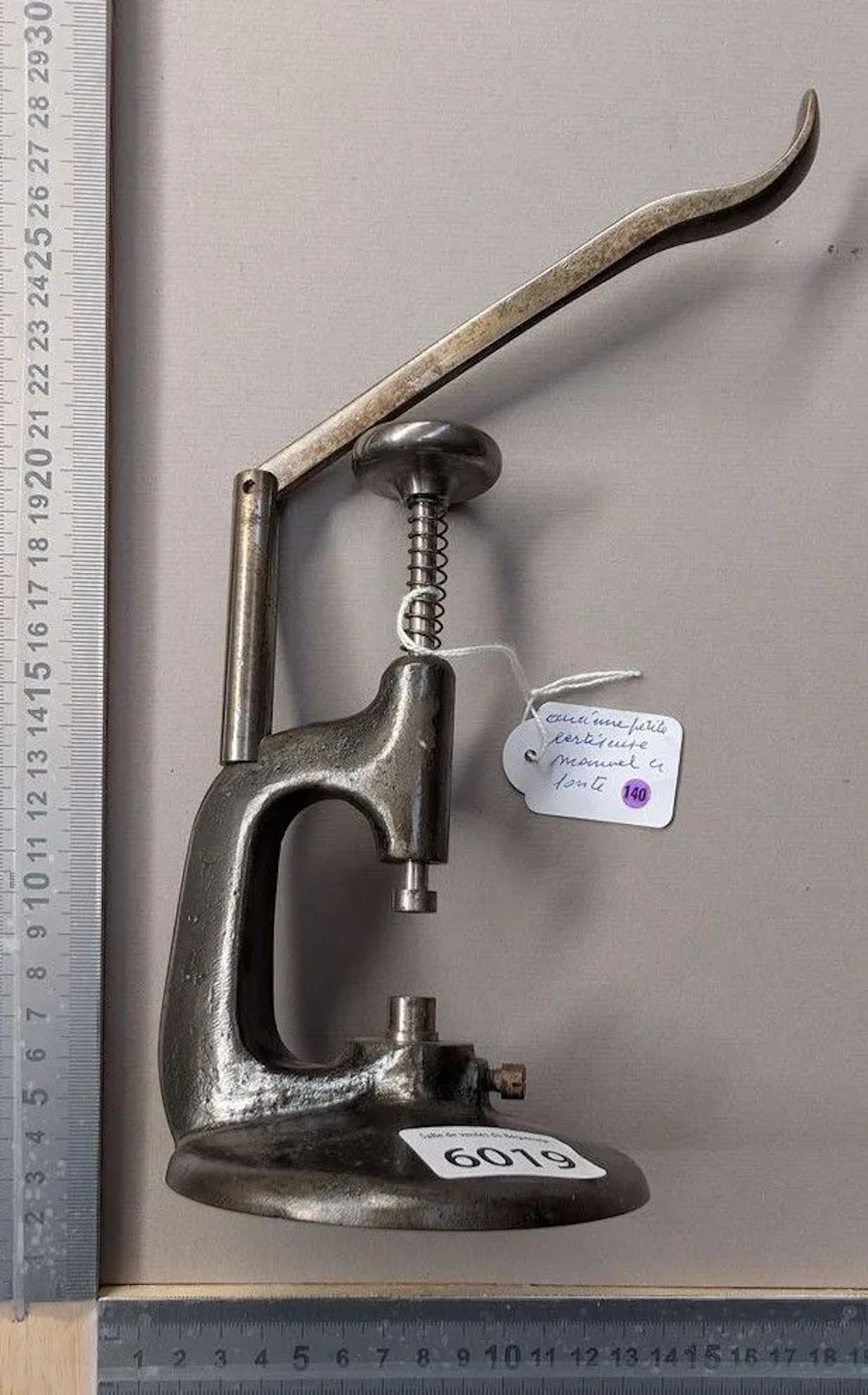 Vintage small manual cast-iron crimping tool—see photos for dimensions