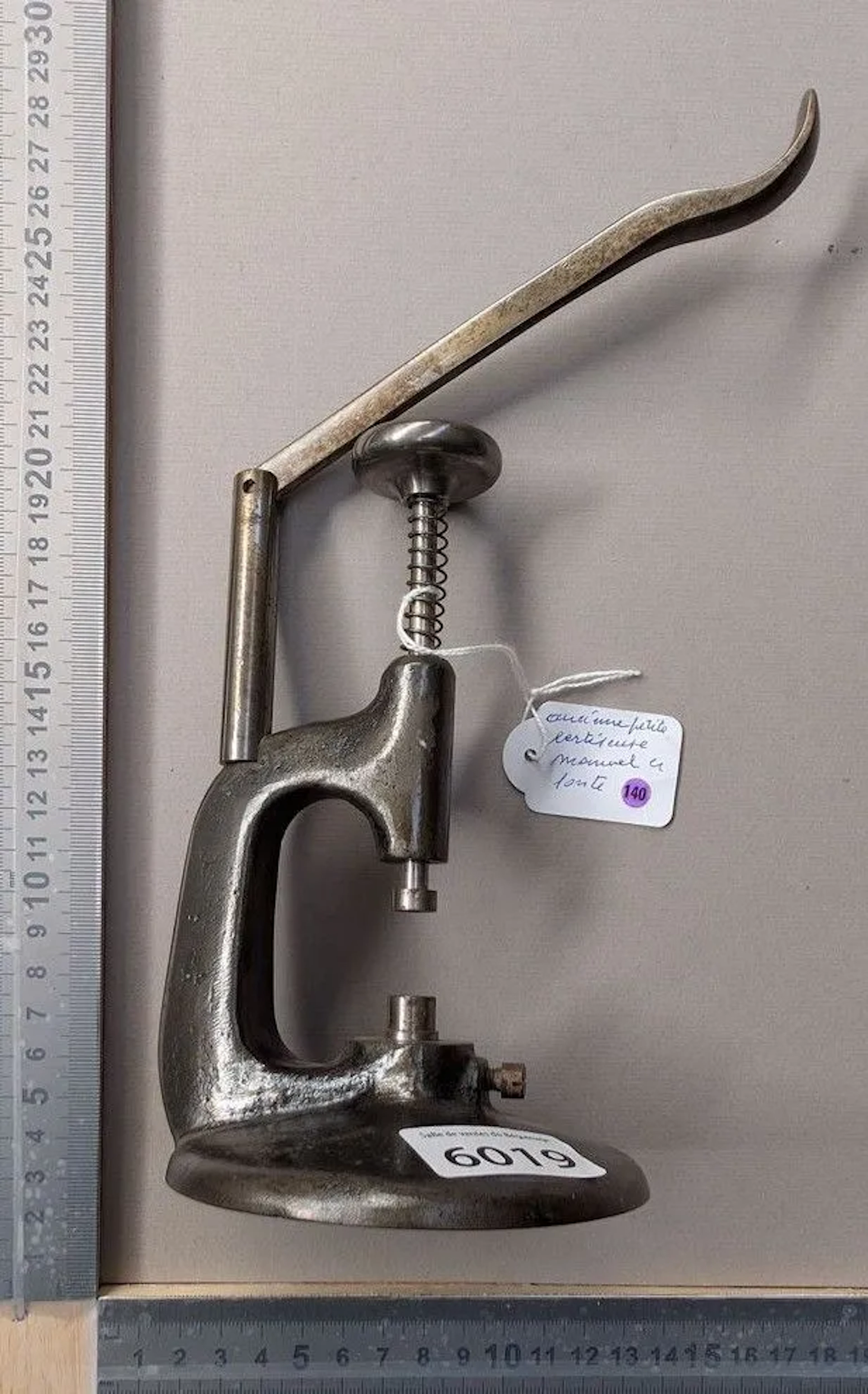 Vintage small manual cast-iron crimping tool—see photos for dimensions