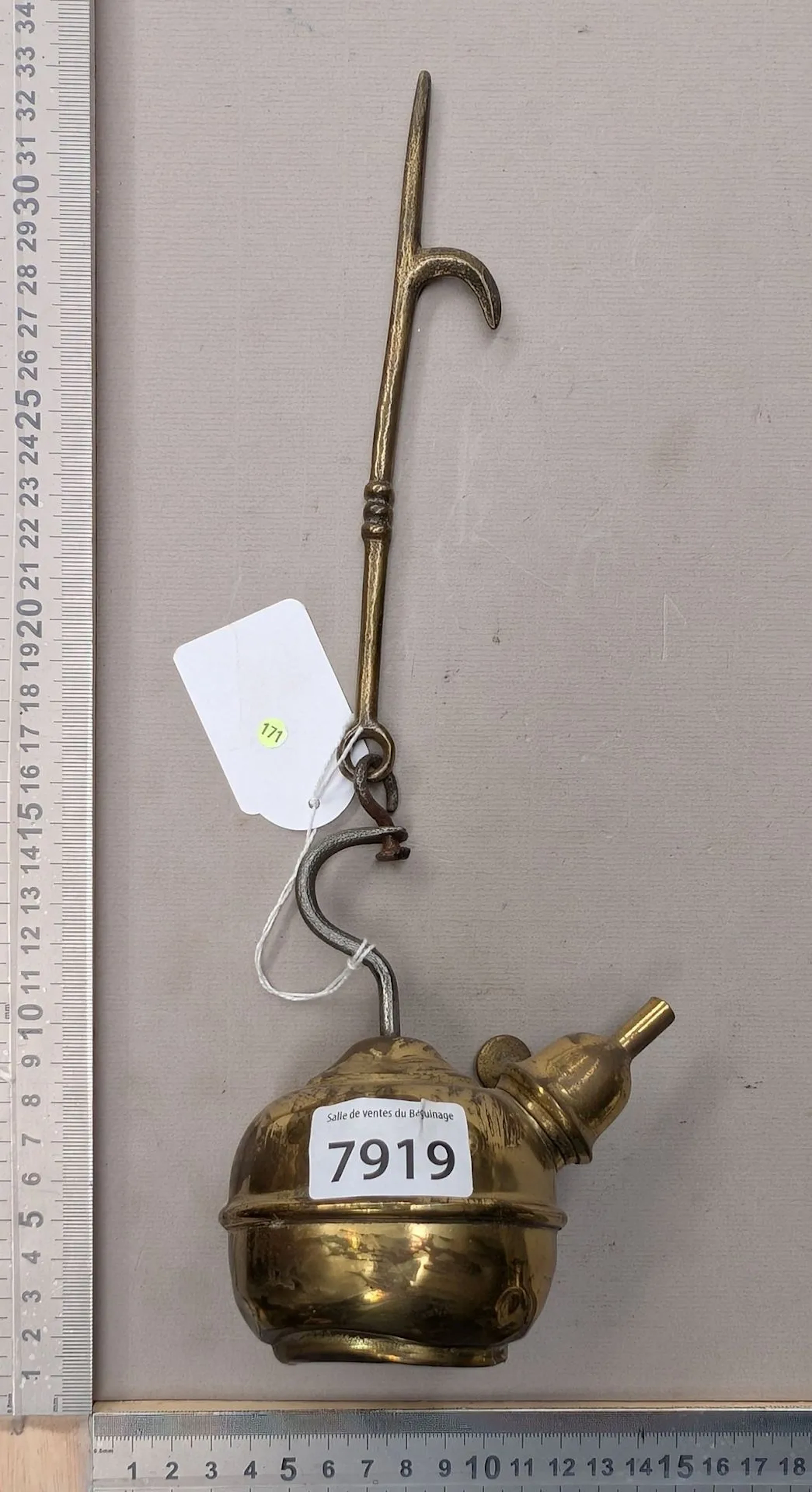 Antique small bronze oil lamp—see photos for dimensions and condition