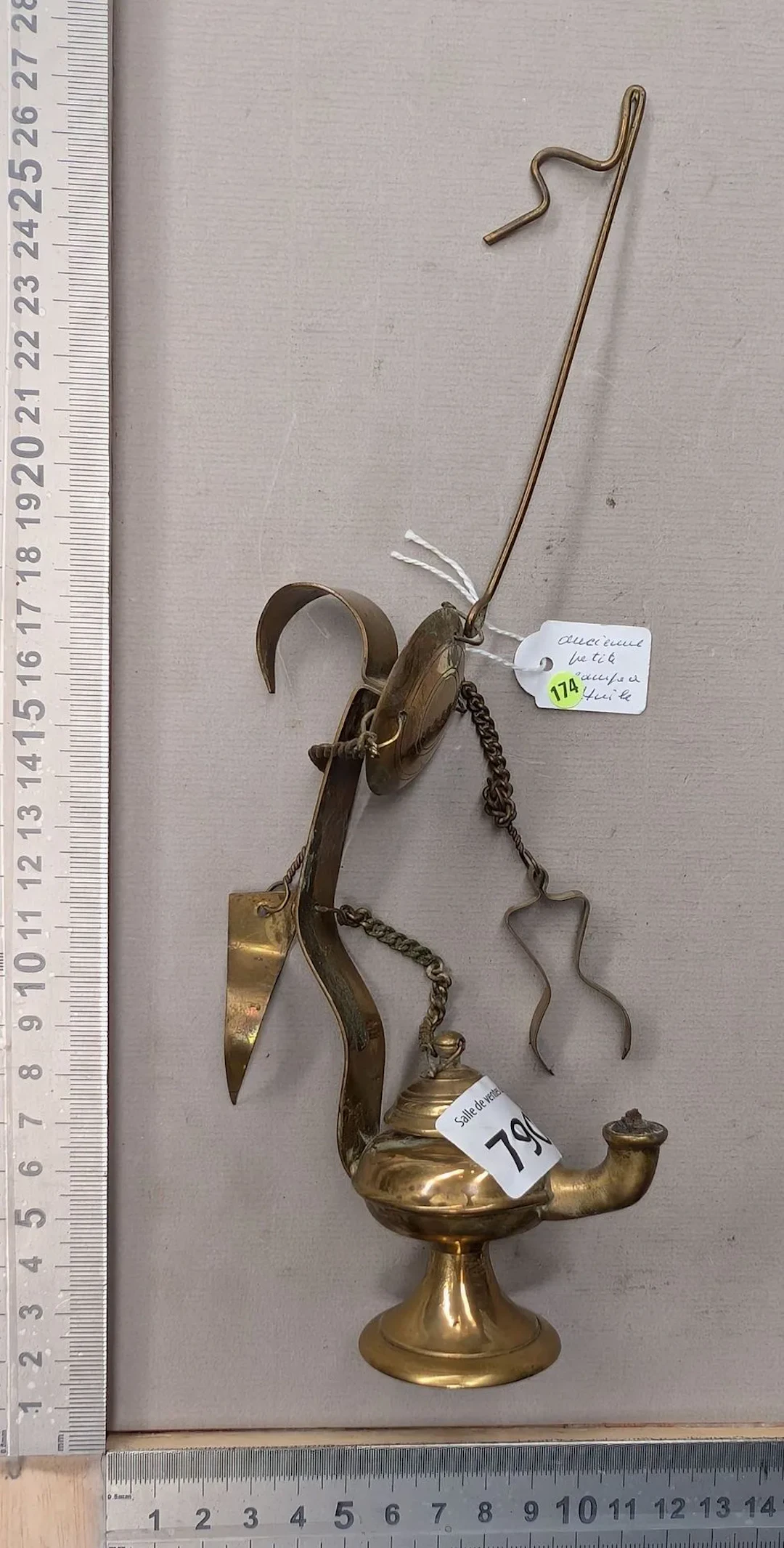 Antique small bronze oil lamp—see photos for dimensions and condition