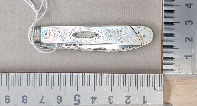 1 antique fruit knife with a silver blade and mother-of-pearl handle—see