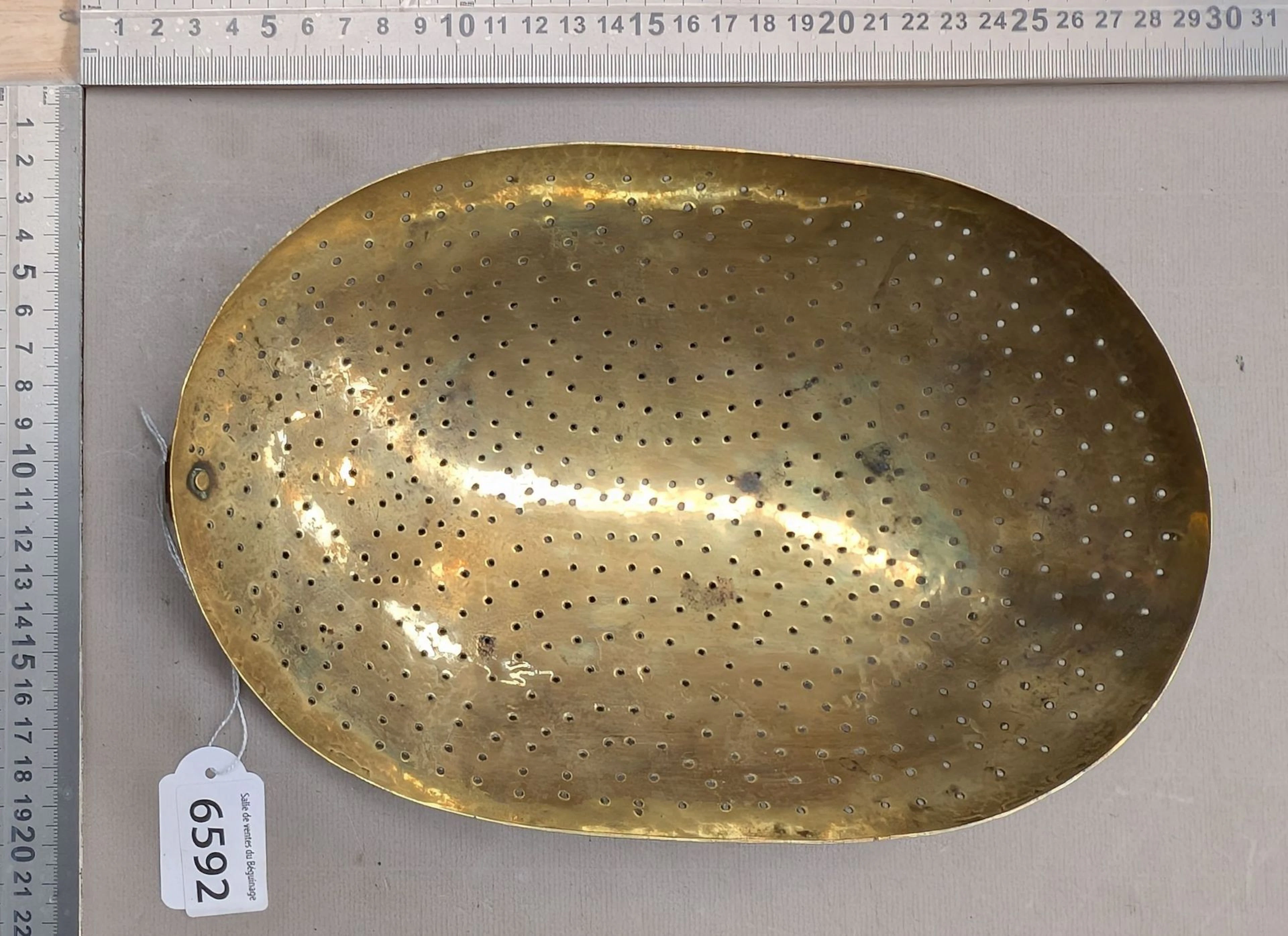 1 18th-century brass milk-curdling strainer—see photos for dimensions