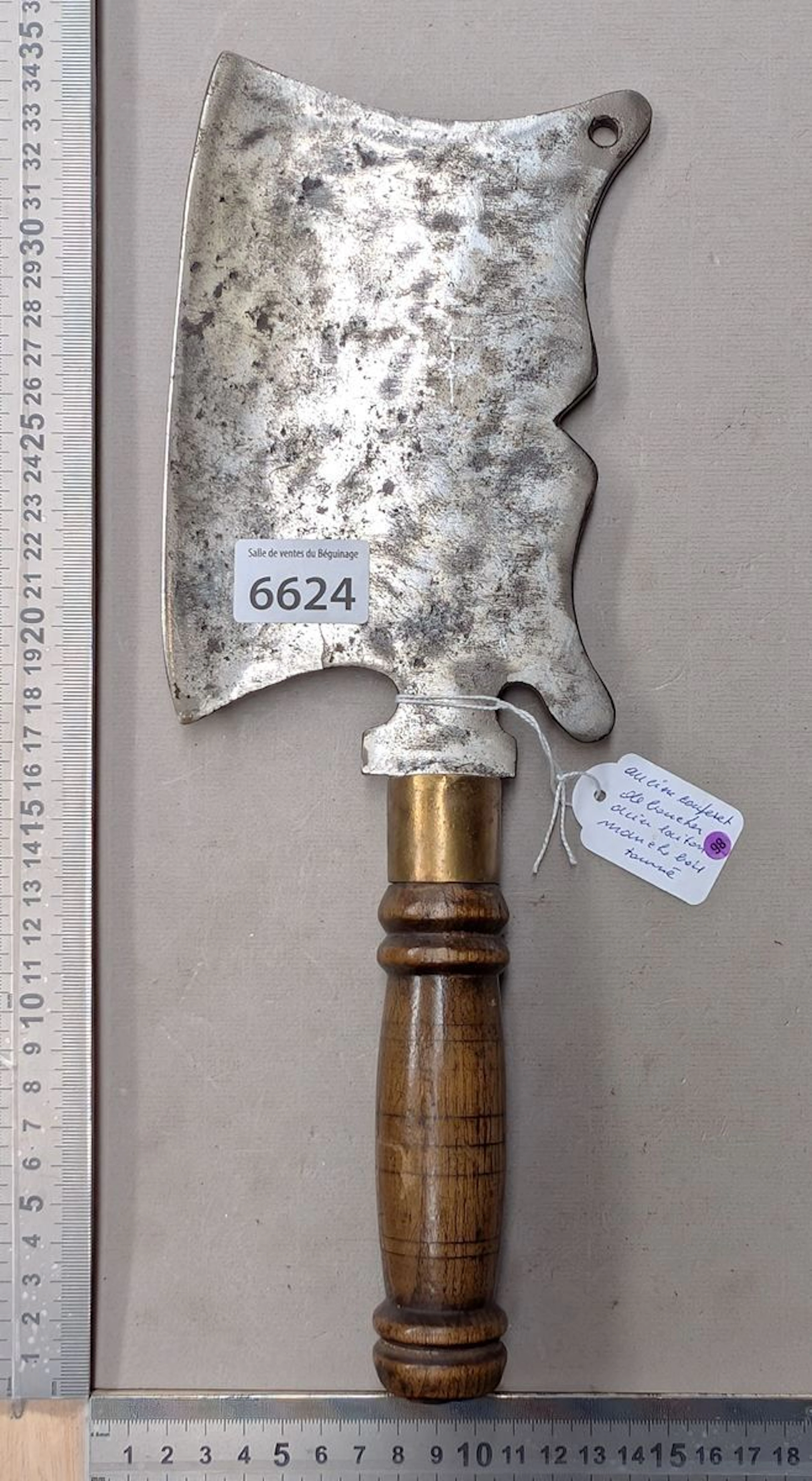 Steel and brass butcher's cleaver with wooden handle - See photos