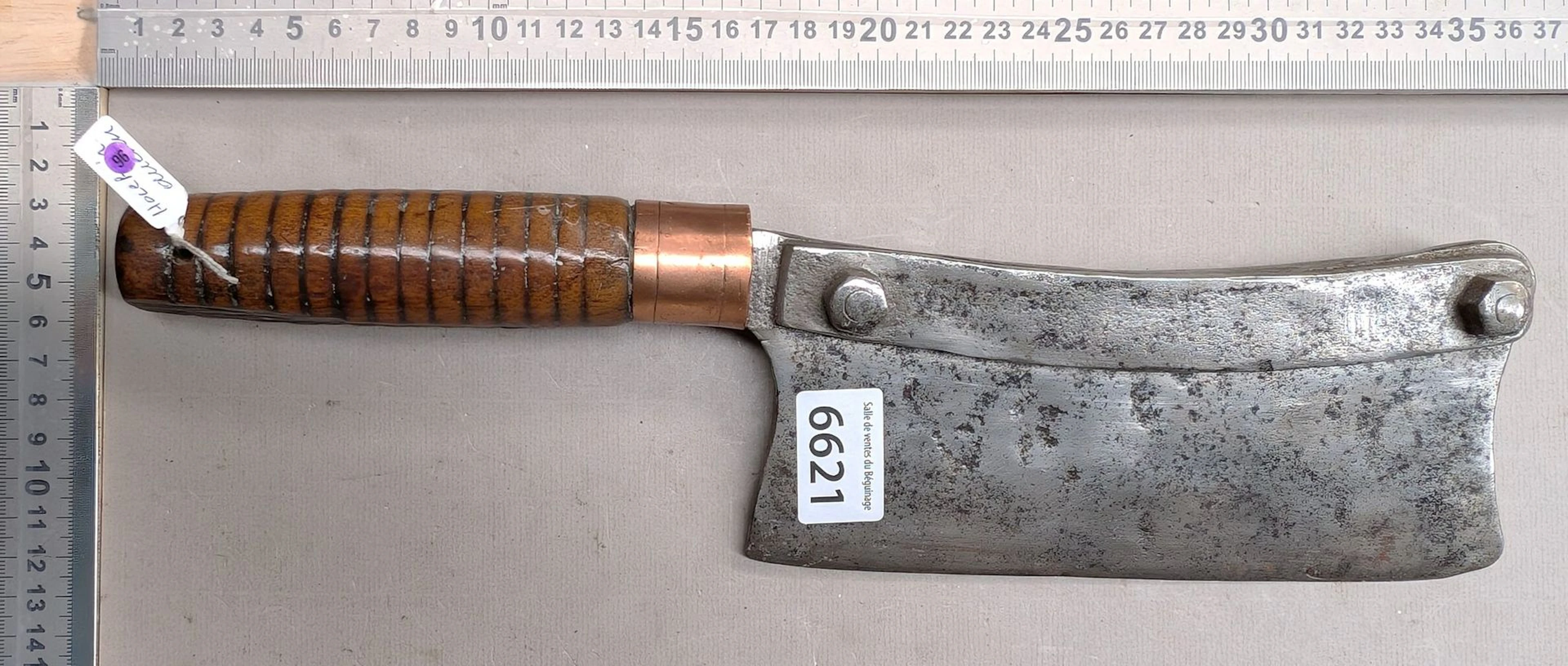 Antique brass-steel cleaver with wooden handle—see photos for dimensions