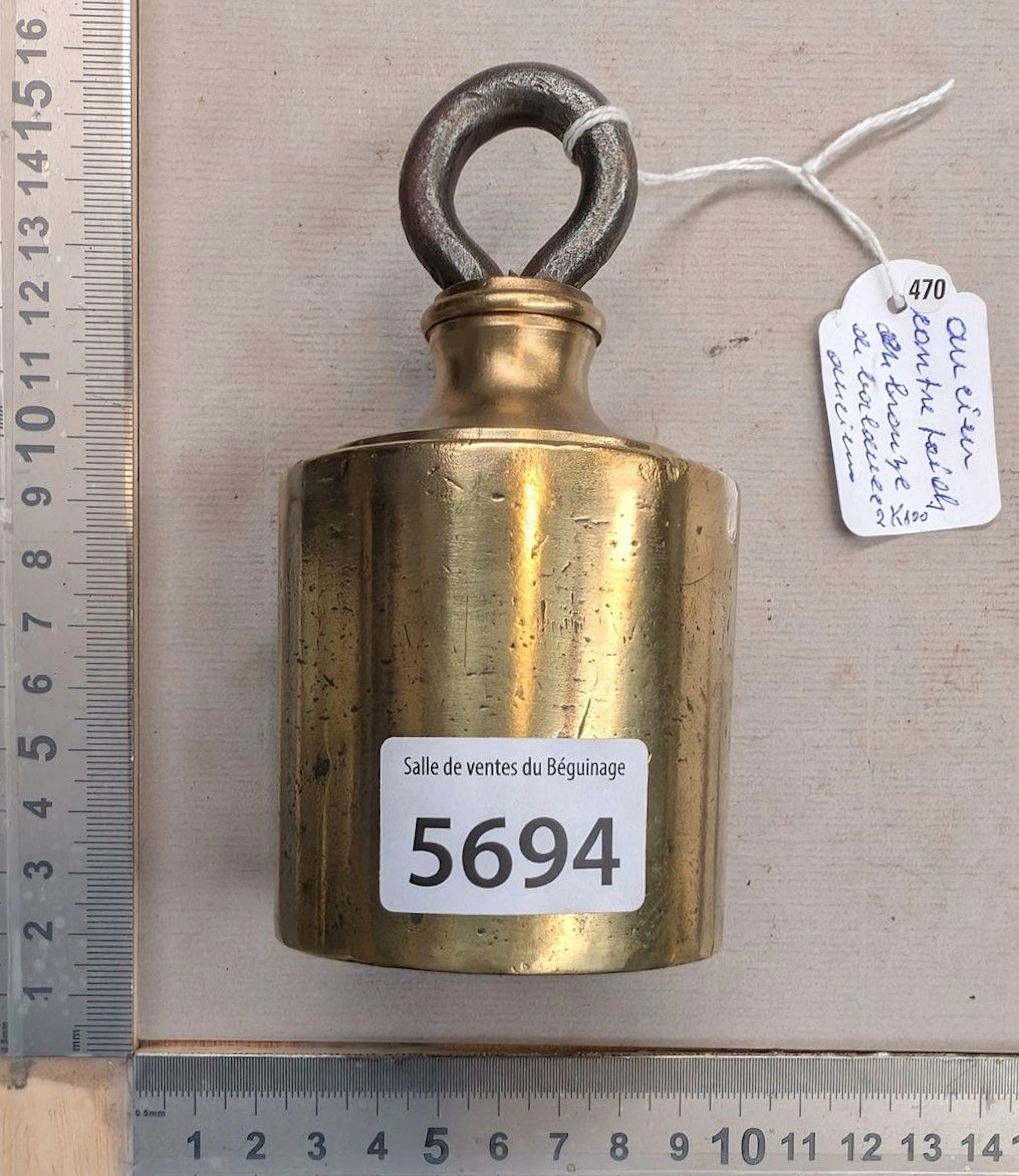 A 2 kg 100-year-old brass balance counterweight—see photos for dimensions