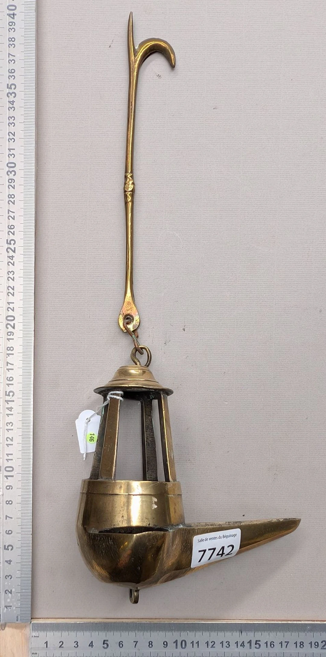 1 antique 18th-century bronze-plated steel oil miner's lamp—see photos