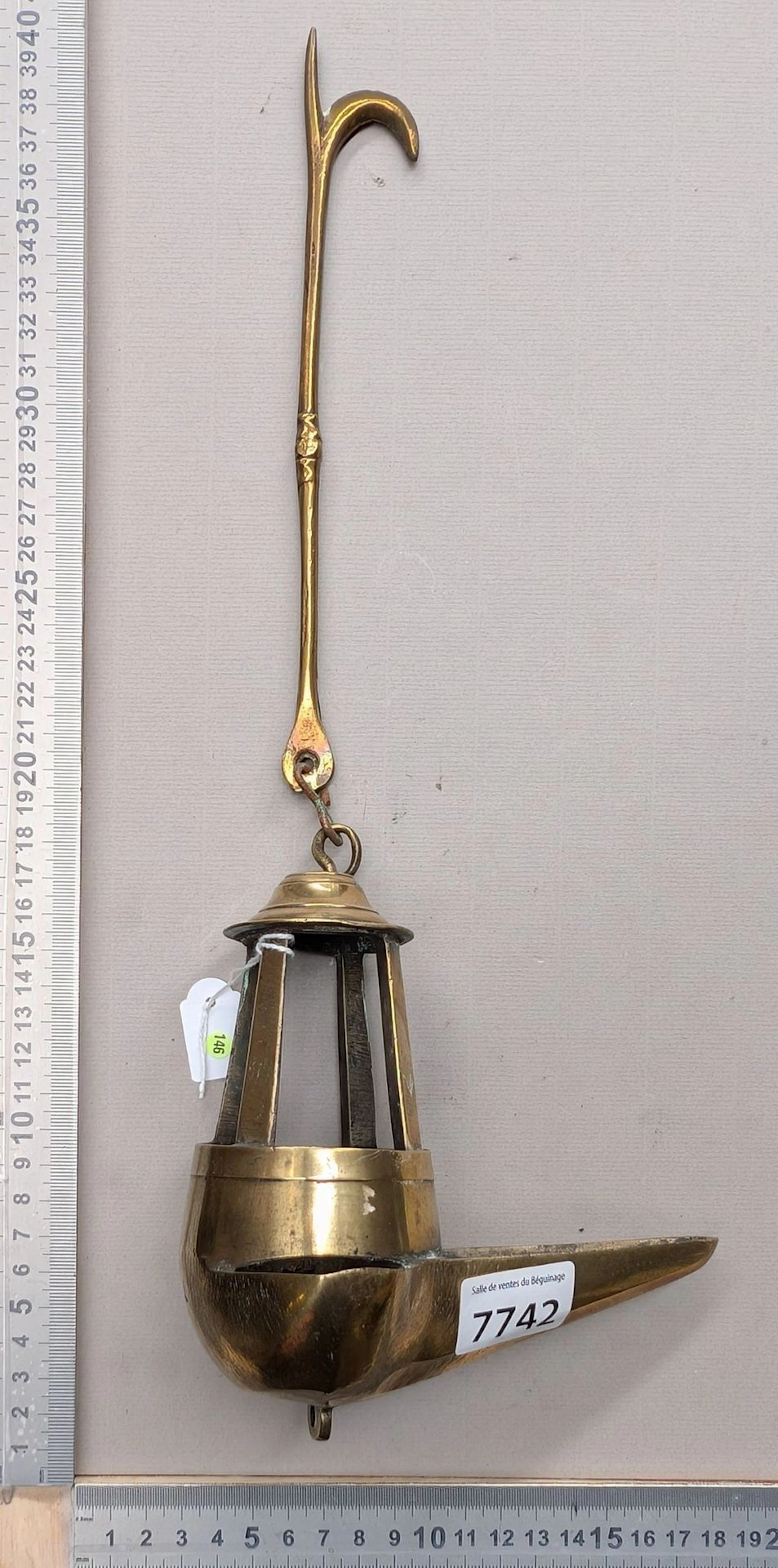 1 antique 18th-century bronze-plated steel oil miner's lamp—see photos