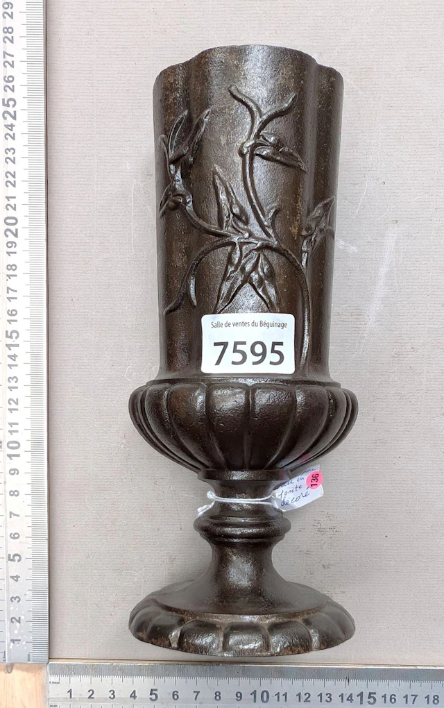 Antique decorated cast-iron vase—see photos for dimensions and condition