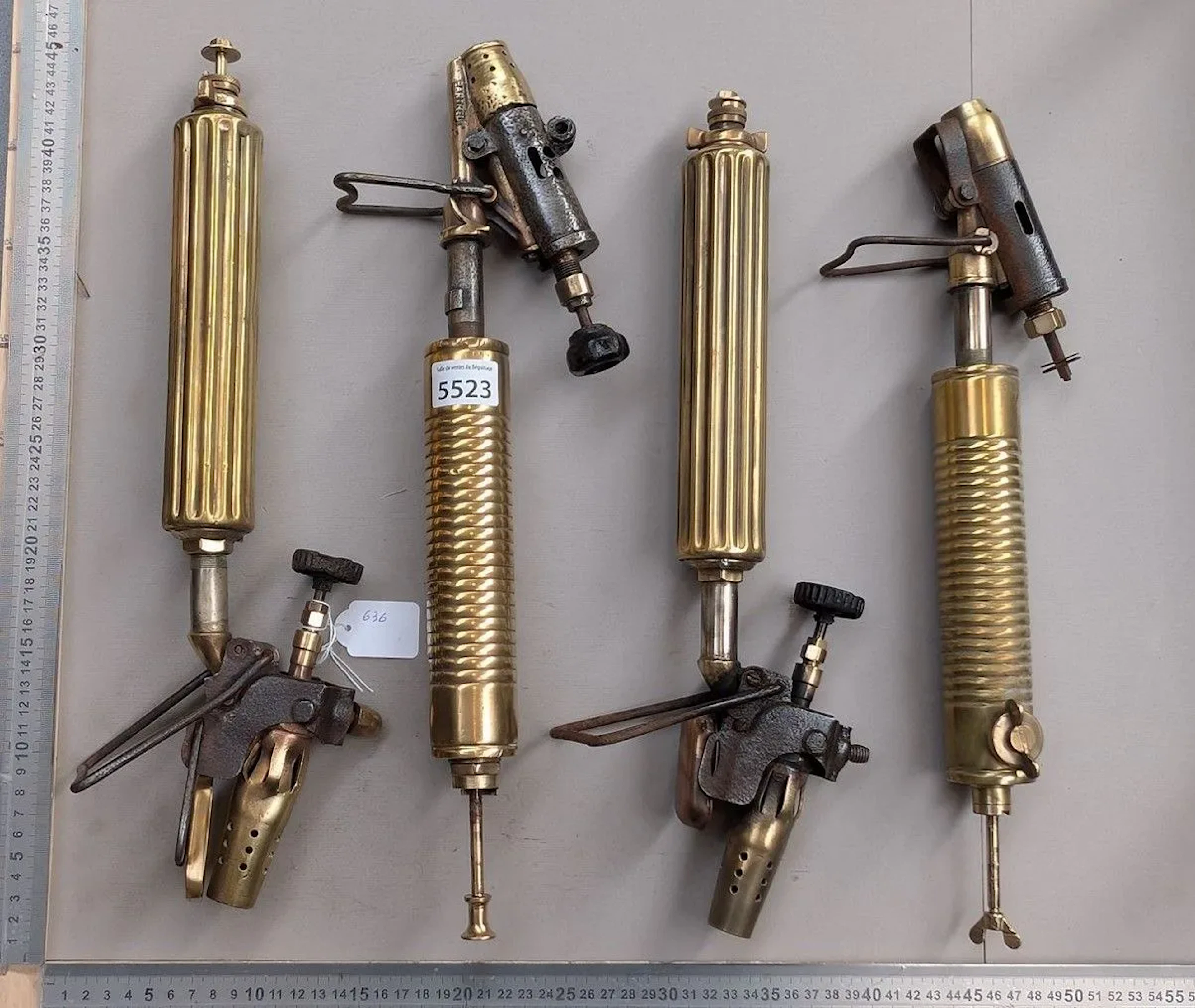 4 antique welding torches—see hallmark—Dimensions and condition: see photos