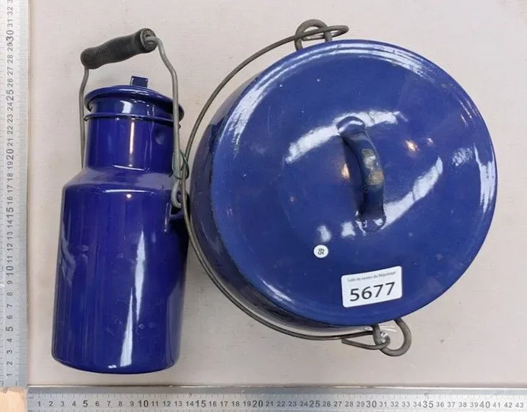 Two vintage enameled pots—see photos for dimensions and condition