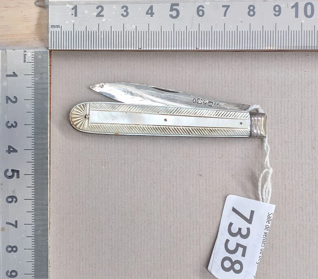 1 antique fruit knife with a silver blade and mother-of-pearl handle—see