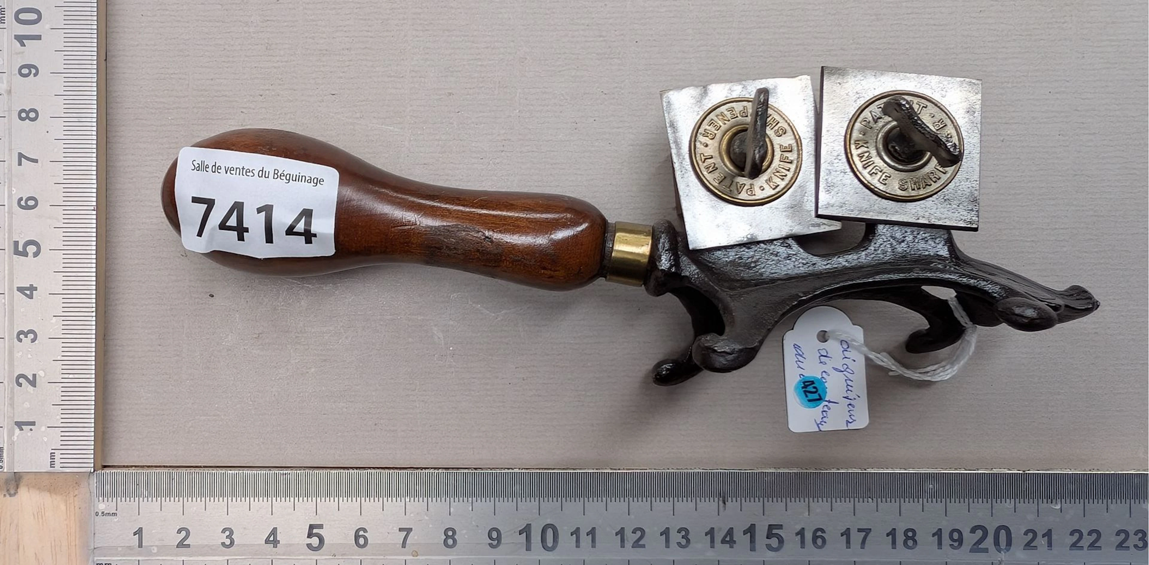 1 antique knife sharpener with a wooden handle—see photos for dimensions
