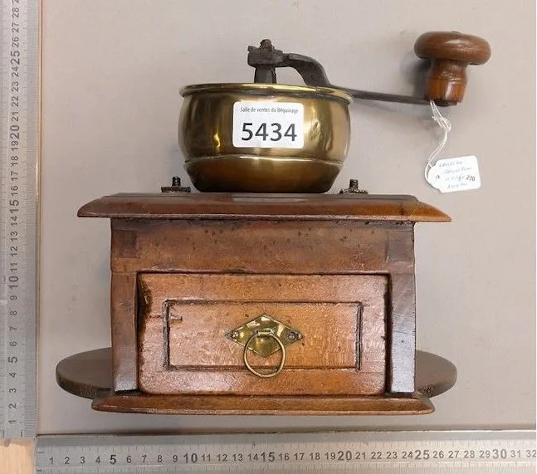 Antique 18th-century coffee grinder—see photos for dimensions and condition