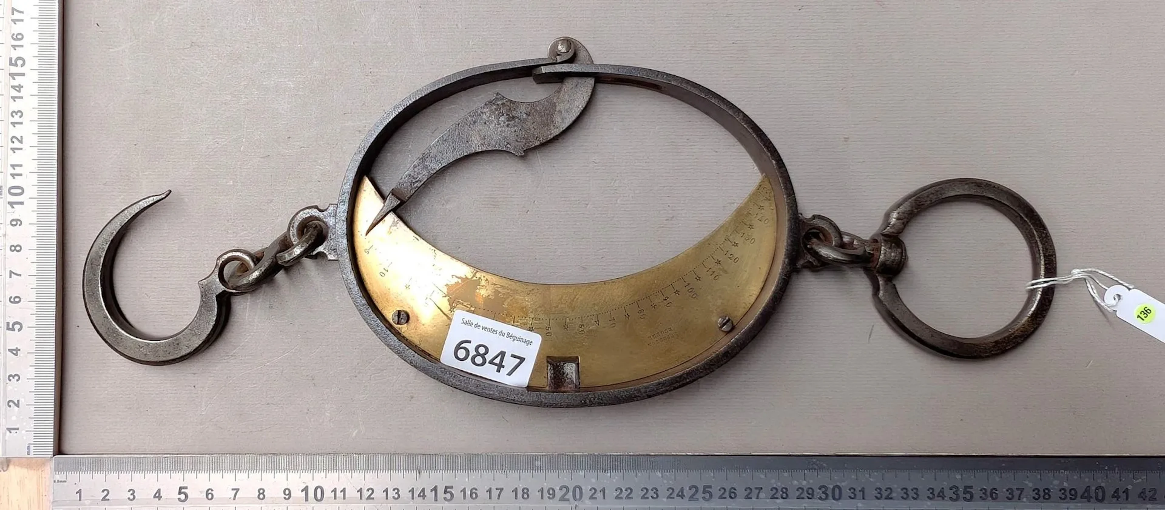 1 antique steel and brass hook scale—see photos for dimensions and condition