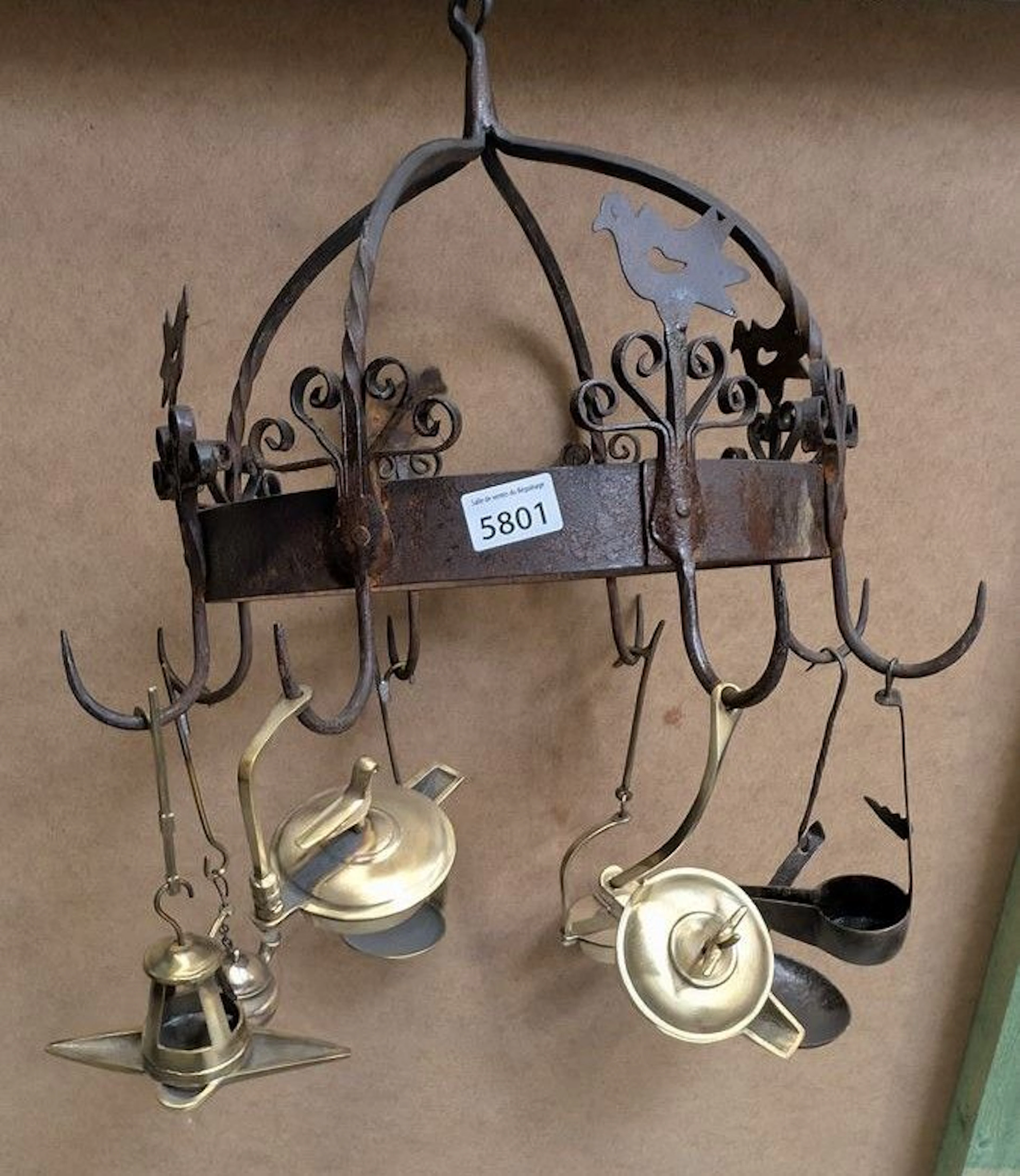 Antique wrought-iron kitchen wreath with 8 hooks—bird motif adorned