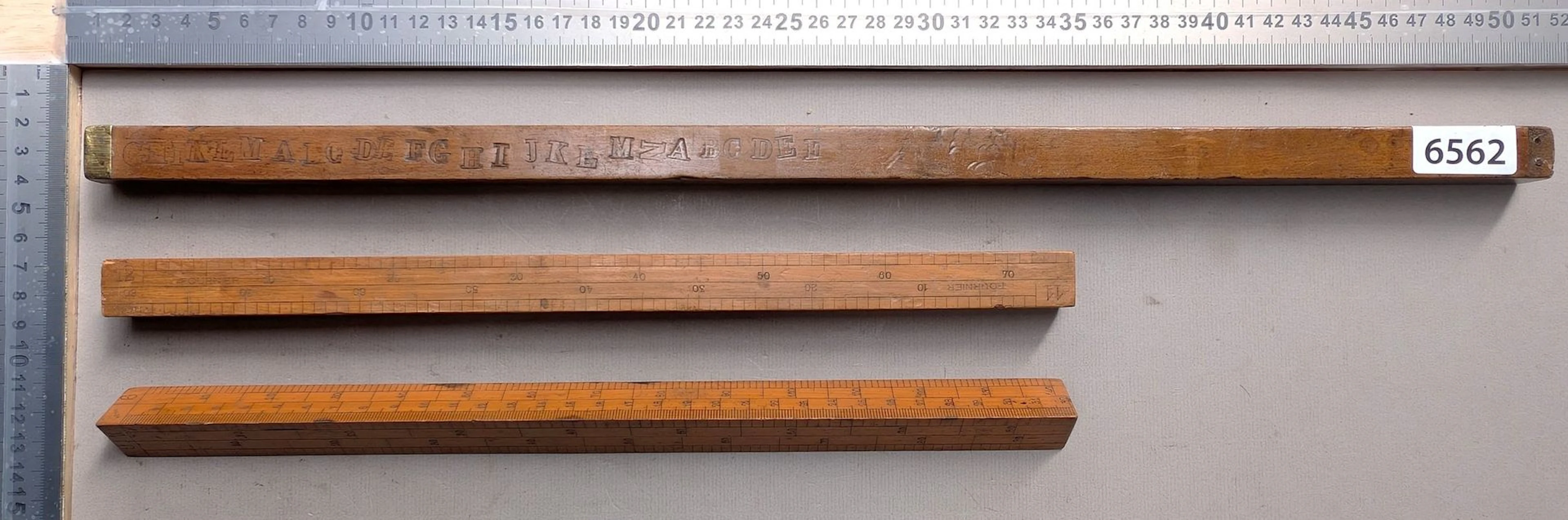 3 antique wooden rulers using old units of measurement—see photos