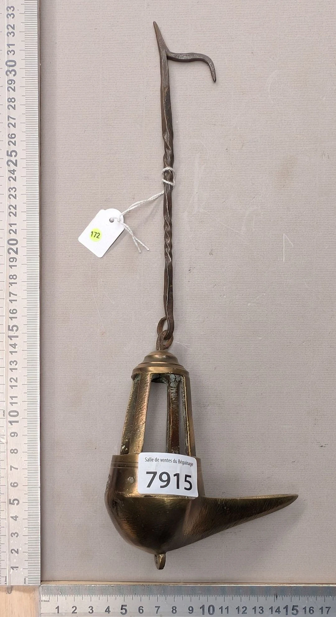 Antique small bronze oil lamp—see photos for dimensions and condition