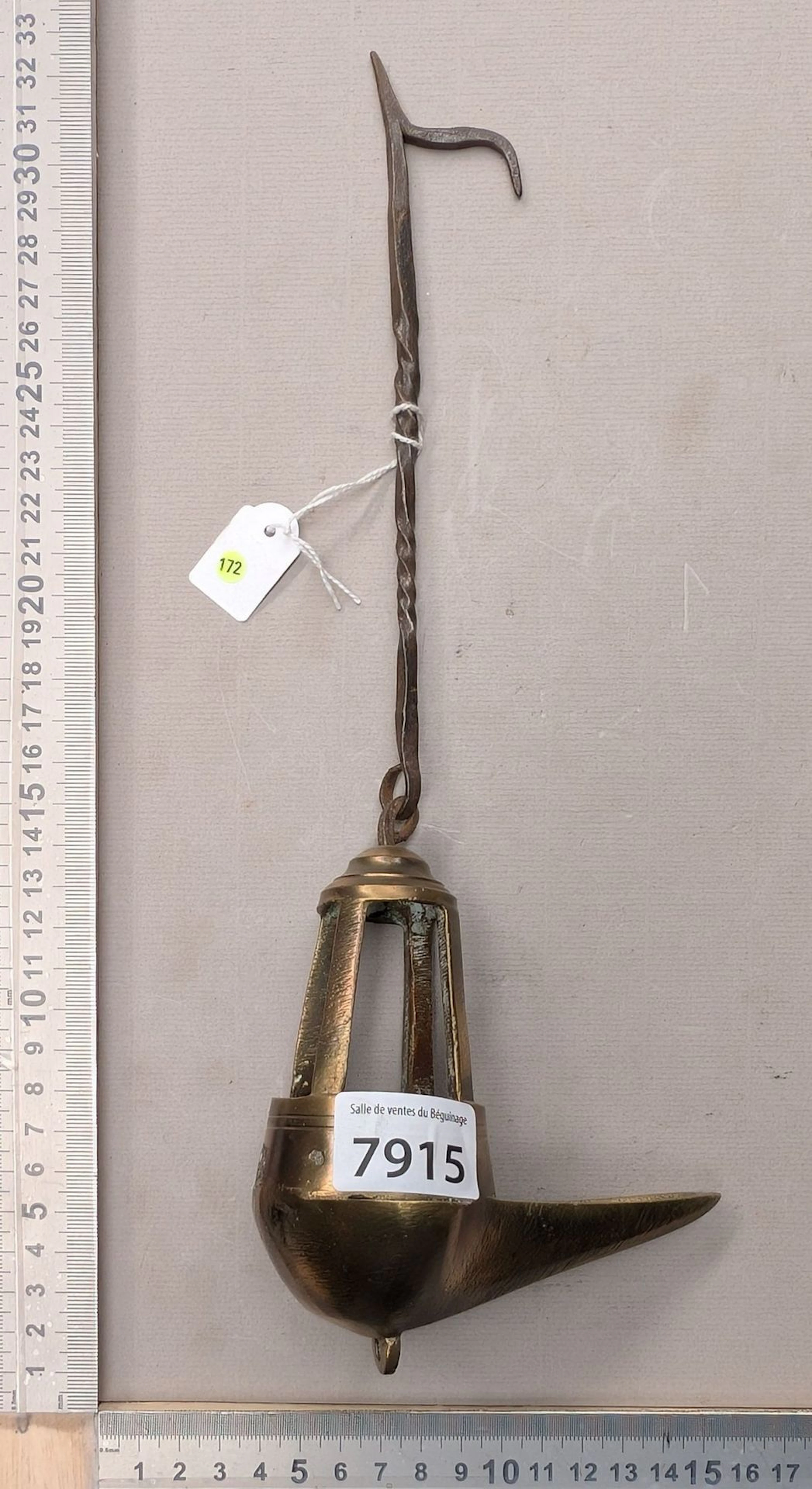 Antique small bronze oil lamp—see photos for dimensions and condition