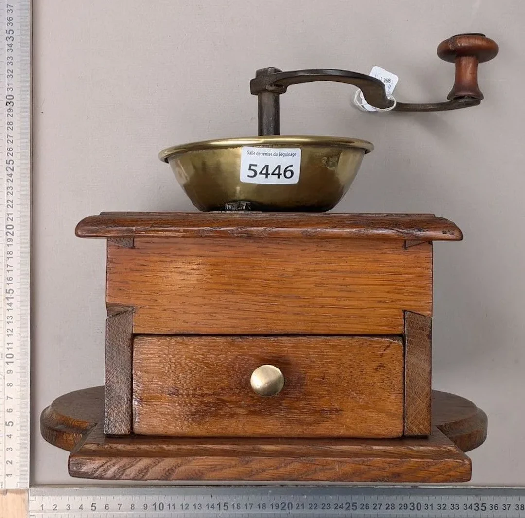 Antique 18th-century coffee grinder—see photos for dimensions and condition