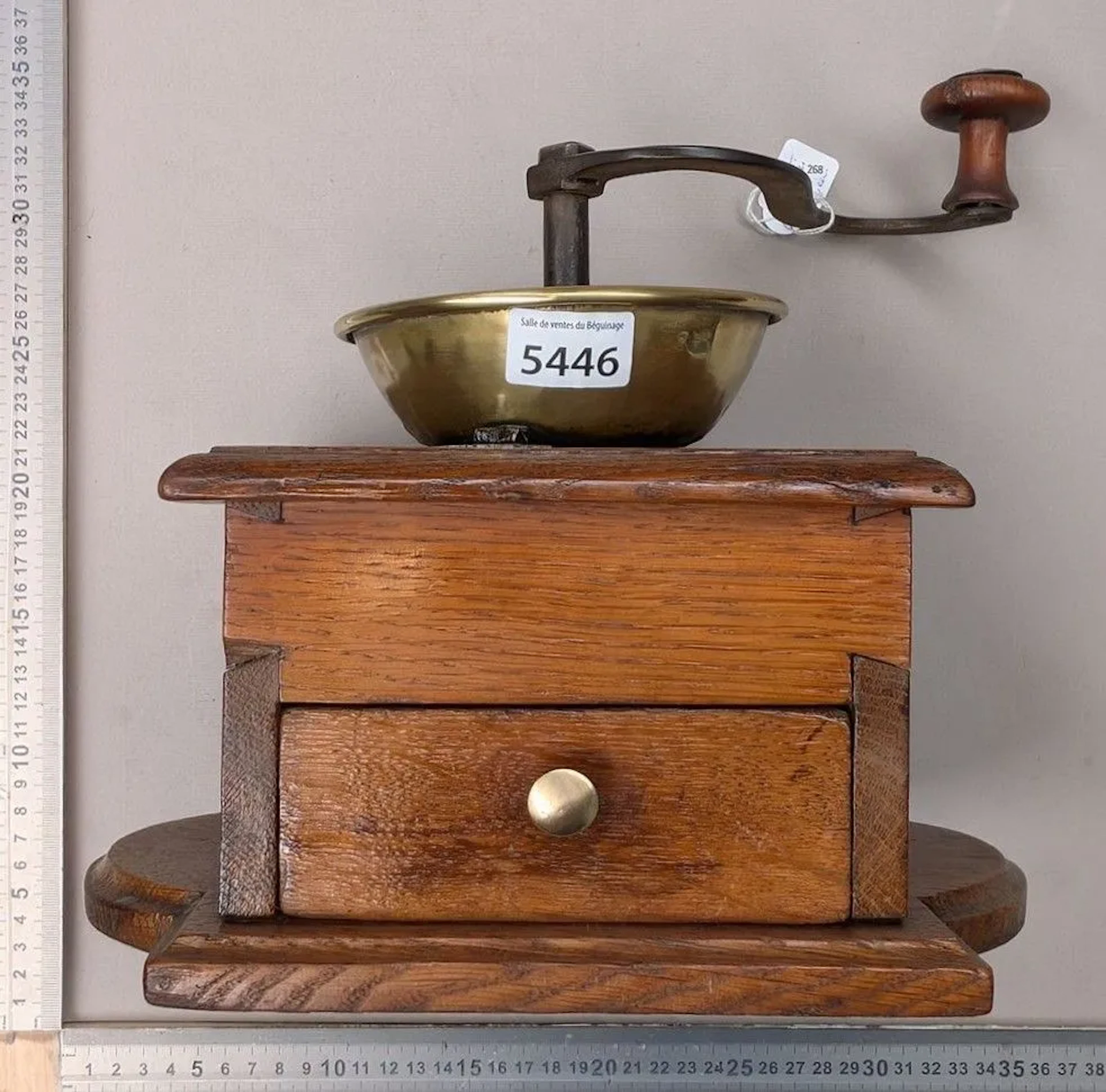 Antique 18th-century coffee grinder—see photos for dimensions and condition