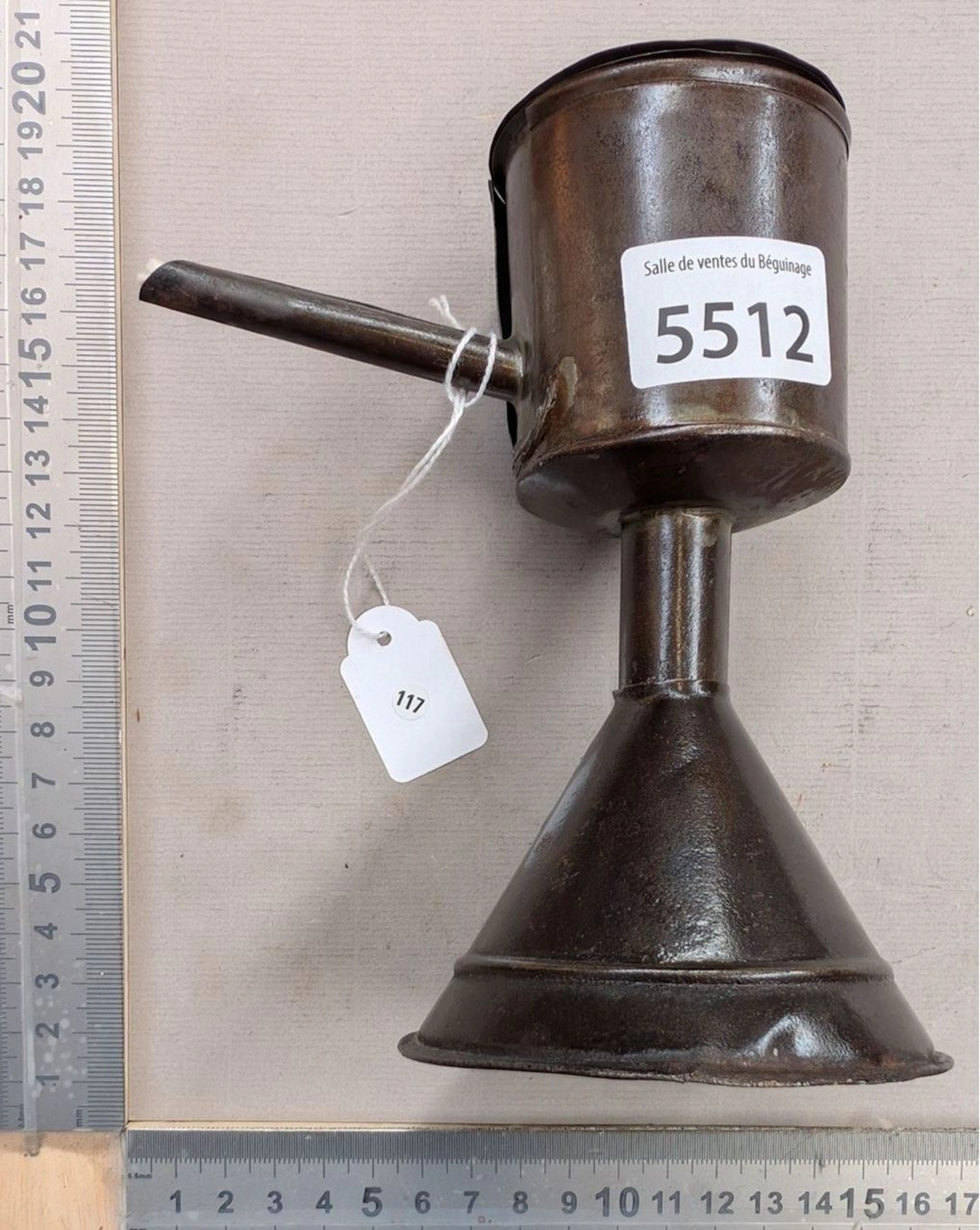 Antique iron oil lamp—see photos for dimensions and condition