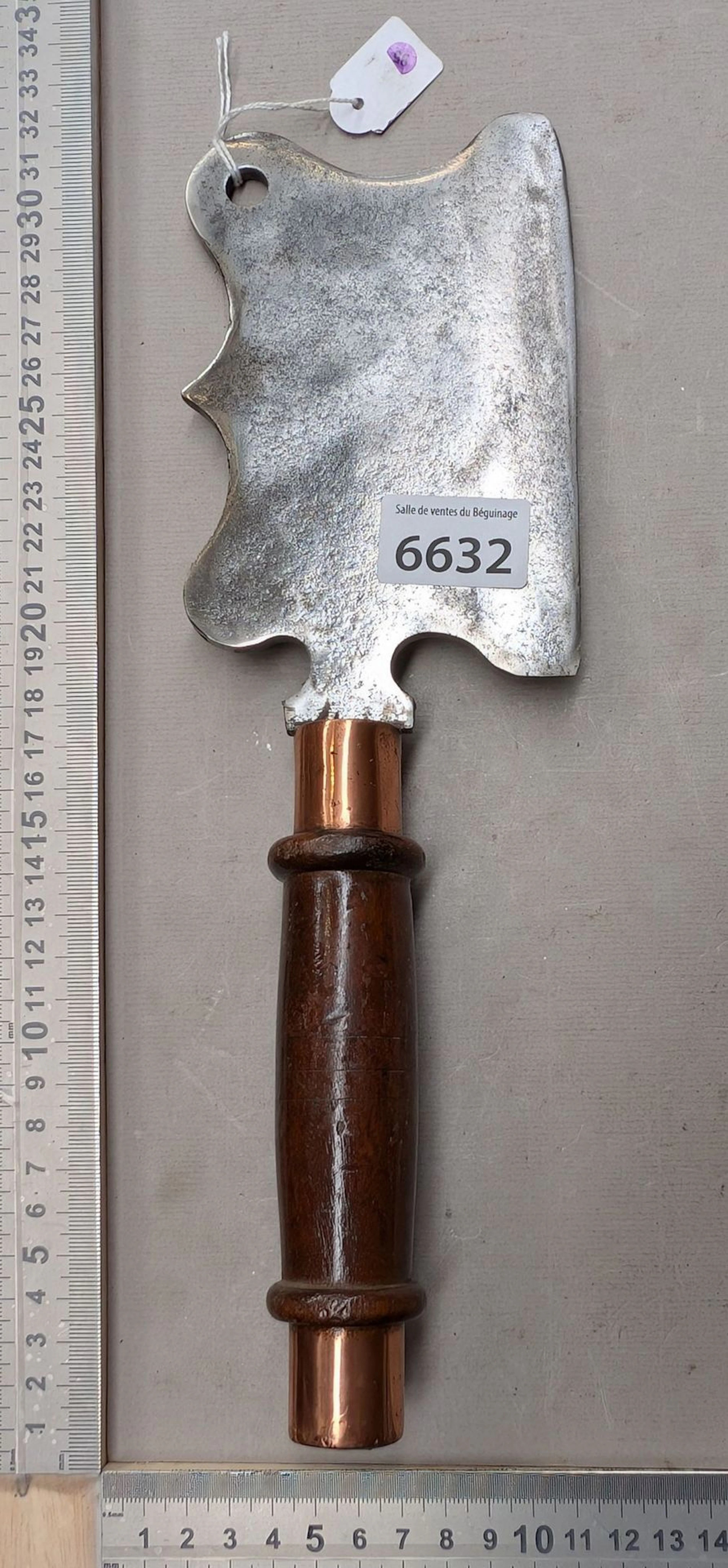 Antique brass-steel cleaver with wooden handle—see photos for dimensions