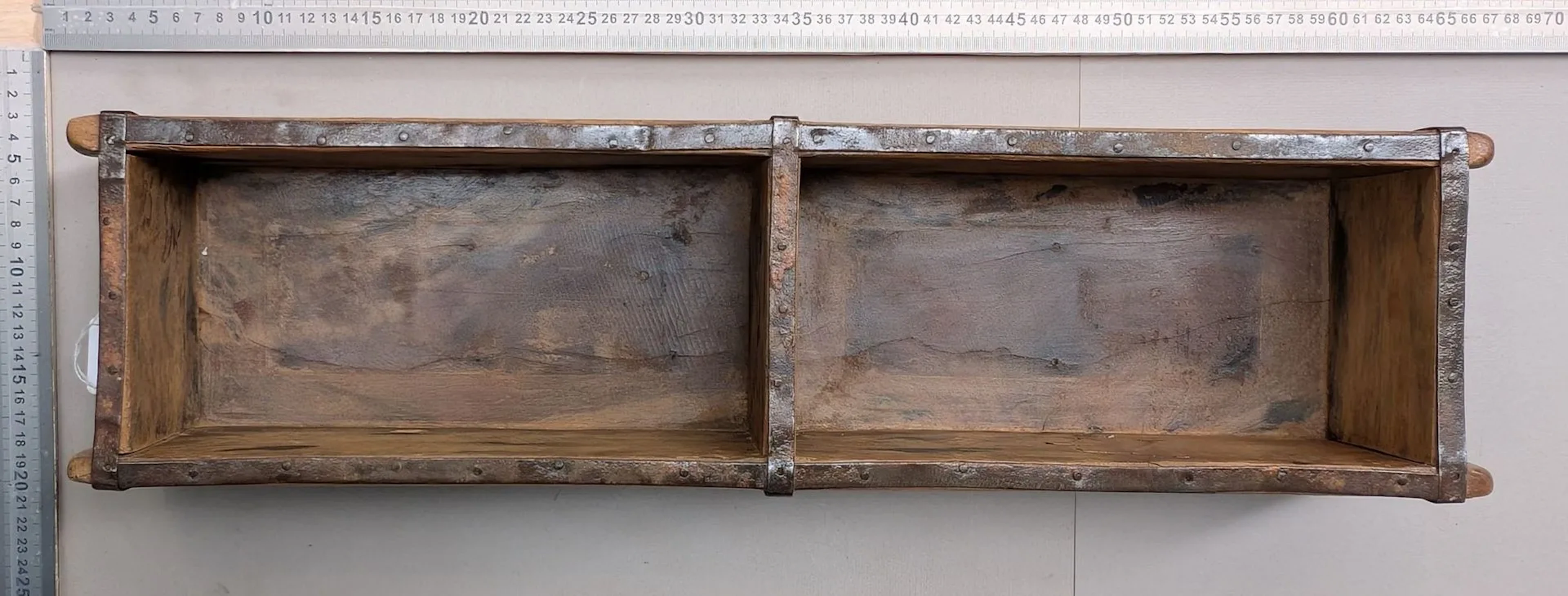 Antique two-brick wooden mold with metal reinforcement—see photos