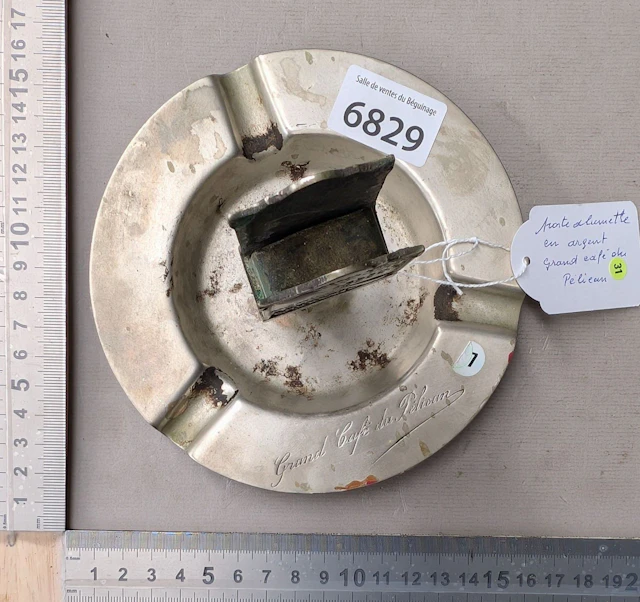 Vintage silver-plated ashtray and match holder—see photos for dimensions