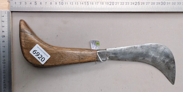 Wrought-iron hook knife with wooden handle—see photos for dimensions