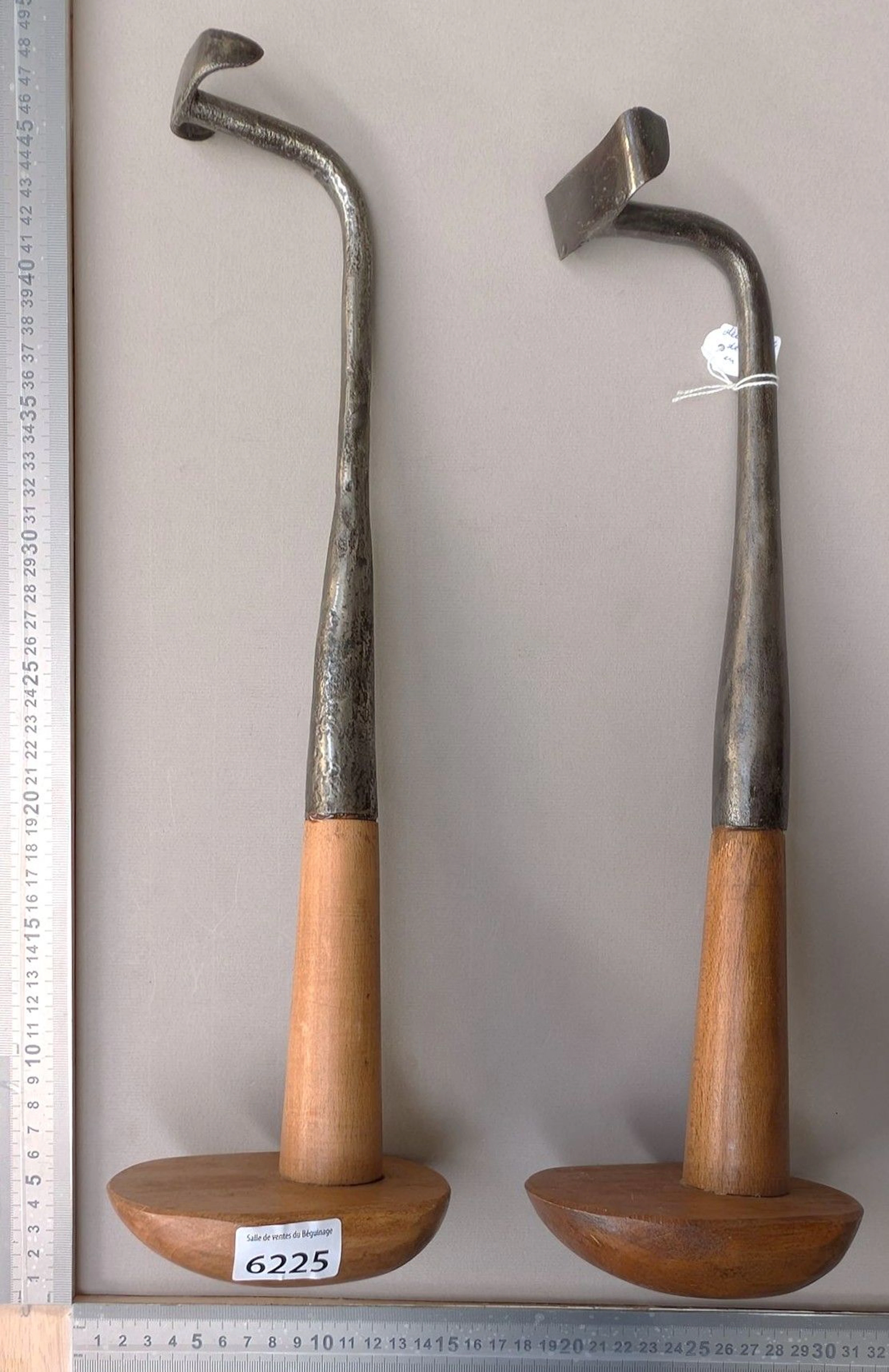 2 wooden and wrought-iron cobbler's tools—see photos for dimensions