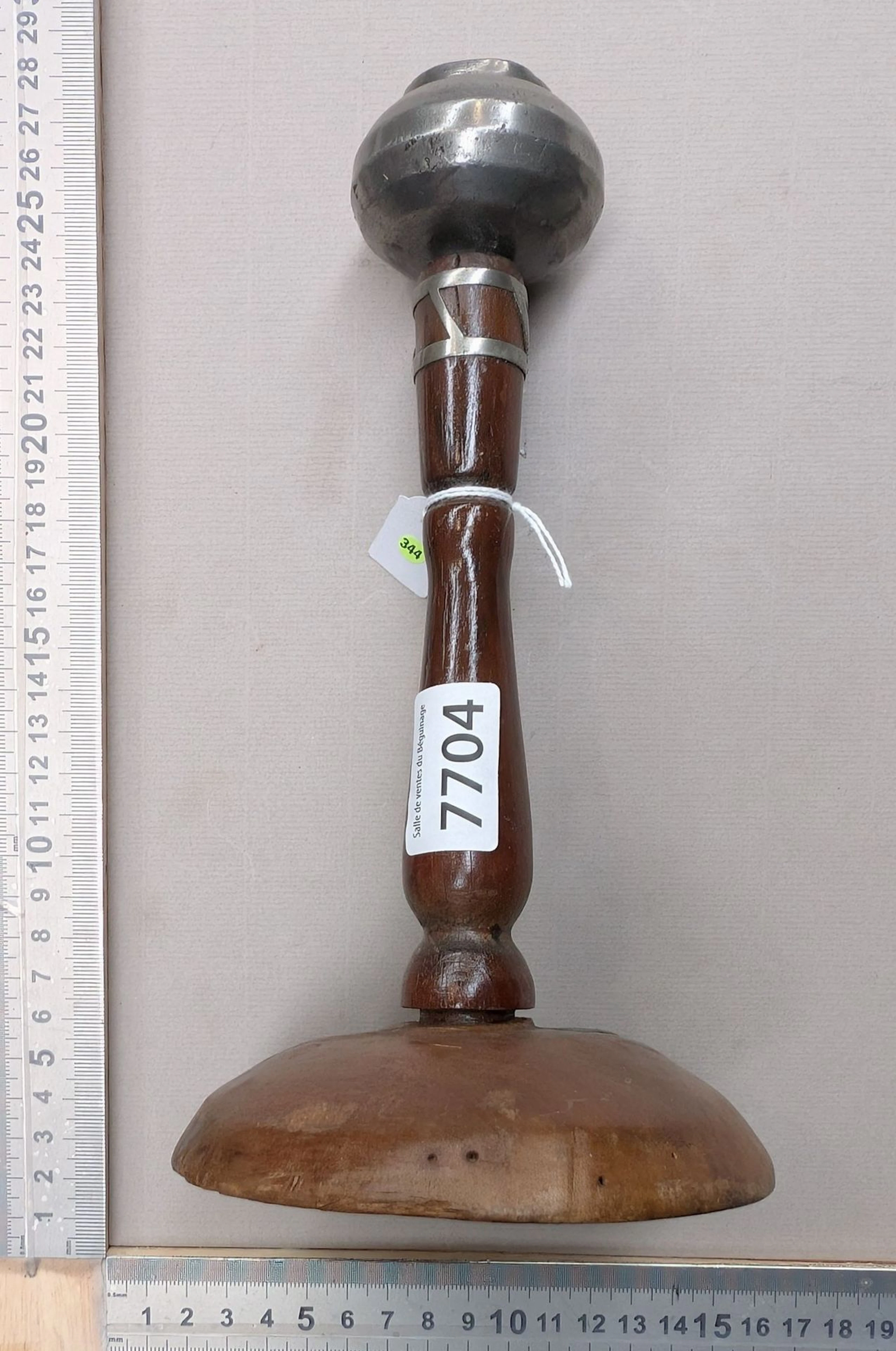 Antique 18th-century oil lamp made of pewter and wood—see photos for