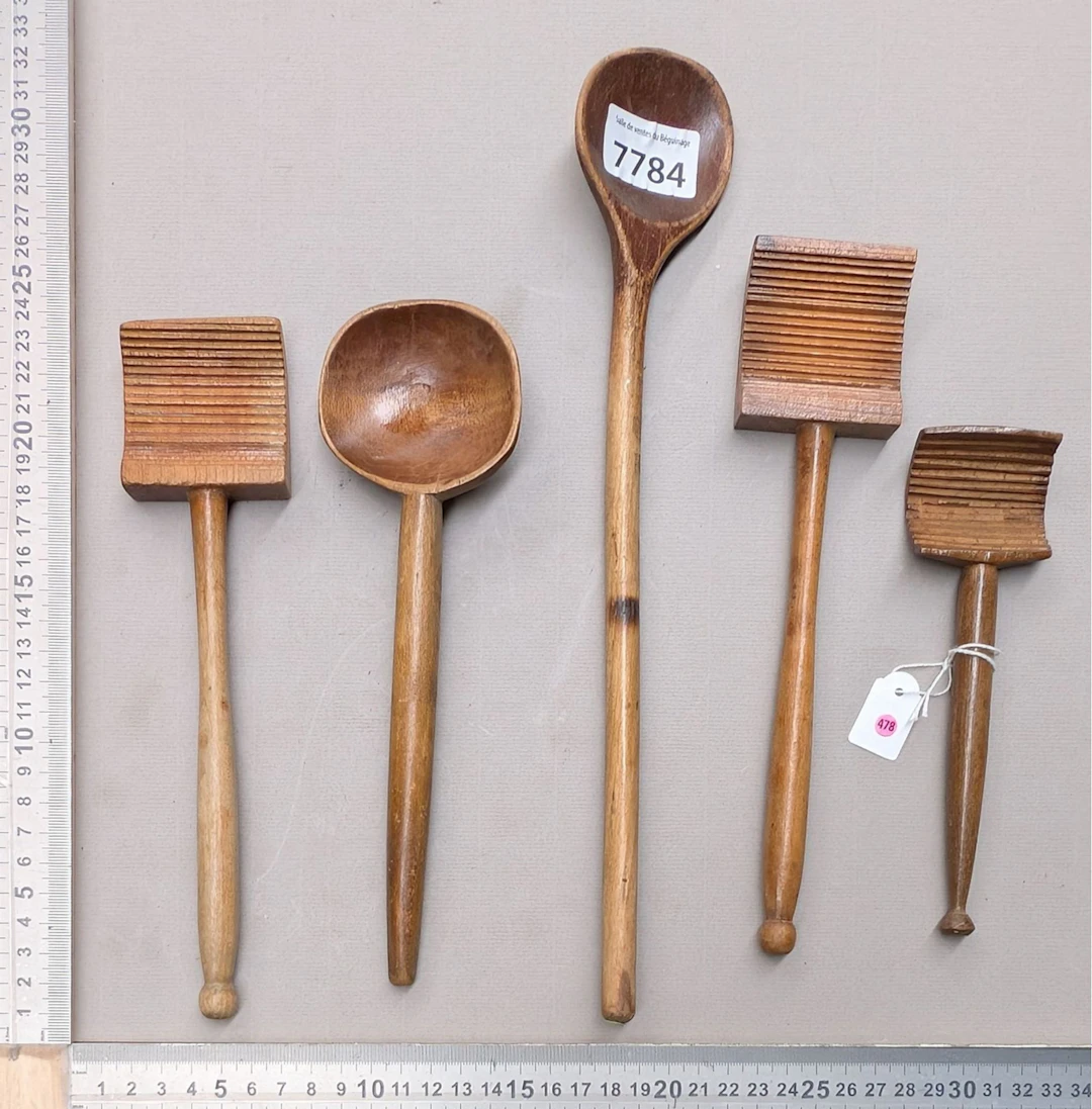 5 wooden butter spoons—see photos for dimensions and condition
