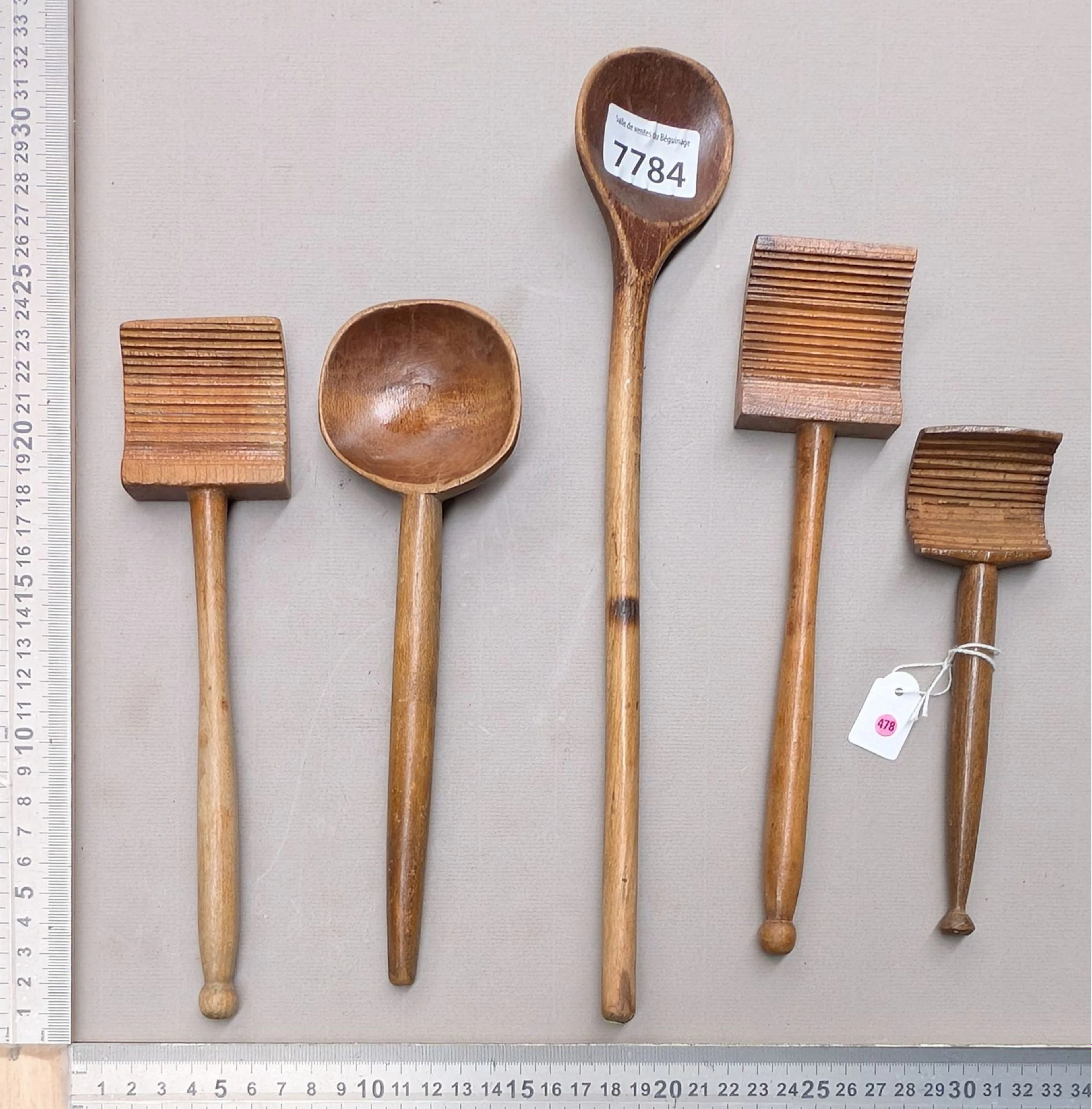 5 wooden butter spoons—see photos for dimensions and condition