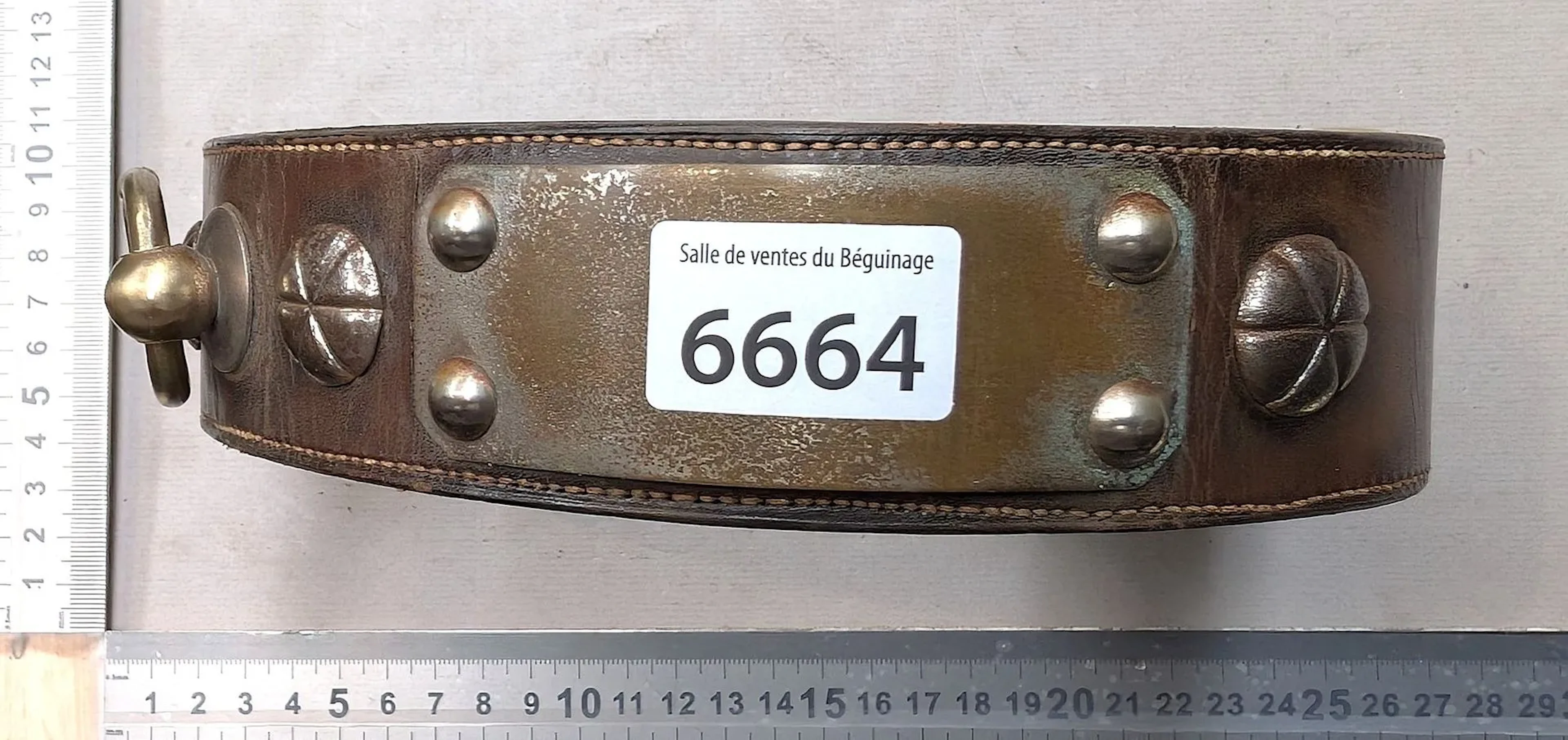 1 vintage copper-colored leather dog collar with a padlock—see photos
