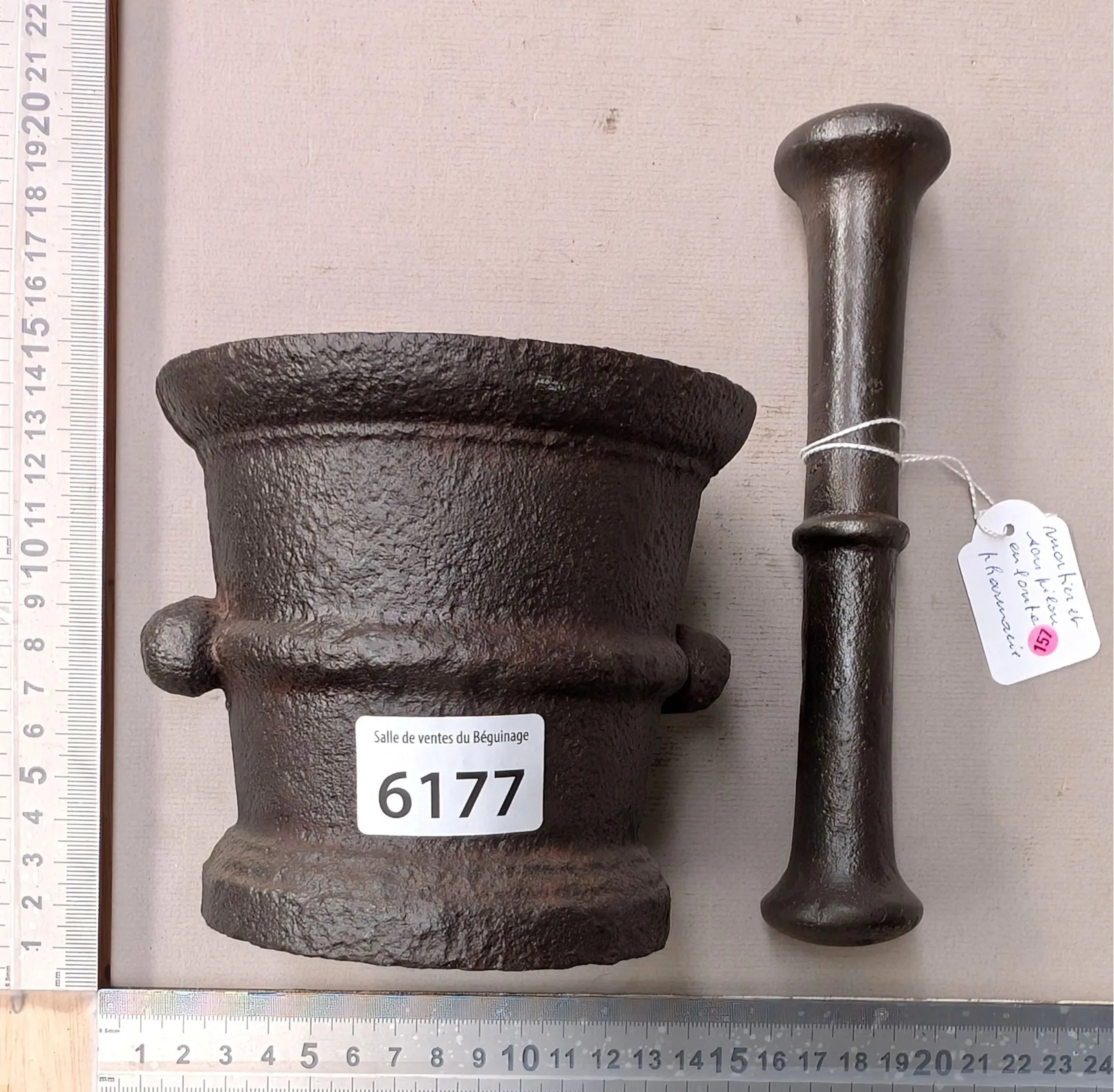 Cast-iron mortar and pestle—see photos for dimensions and condition