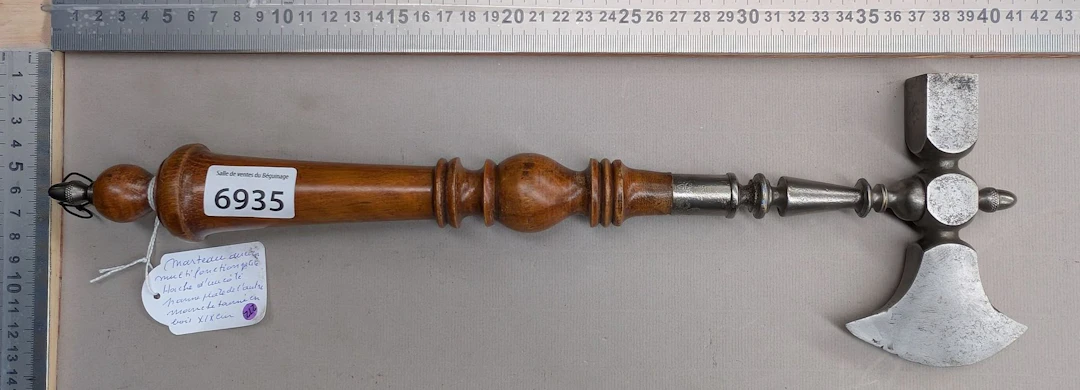 1 antique sugar hammer with a turned wooden handle—see photos for