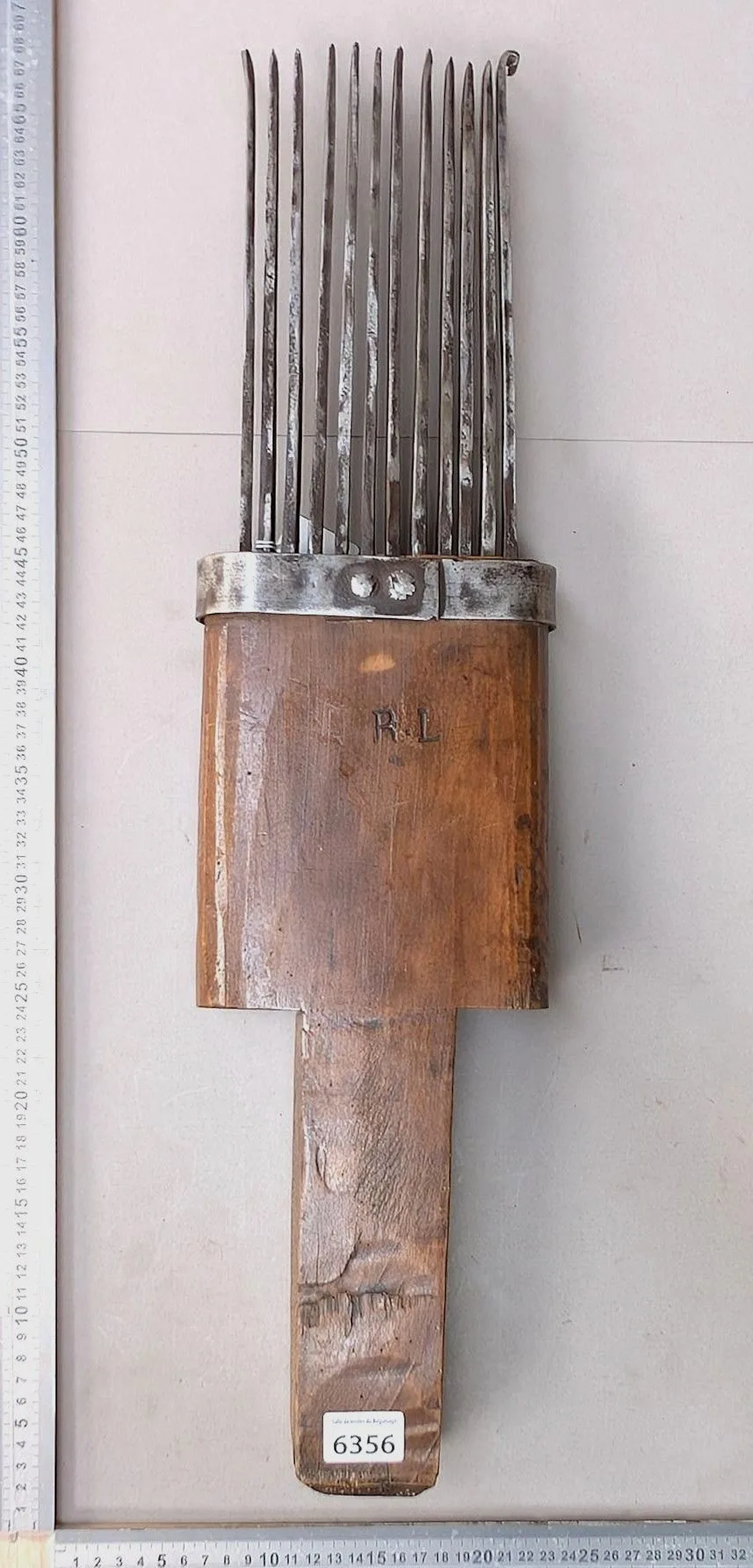 Large multi-pronged metal tool, flax comb—see photos for dimensions