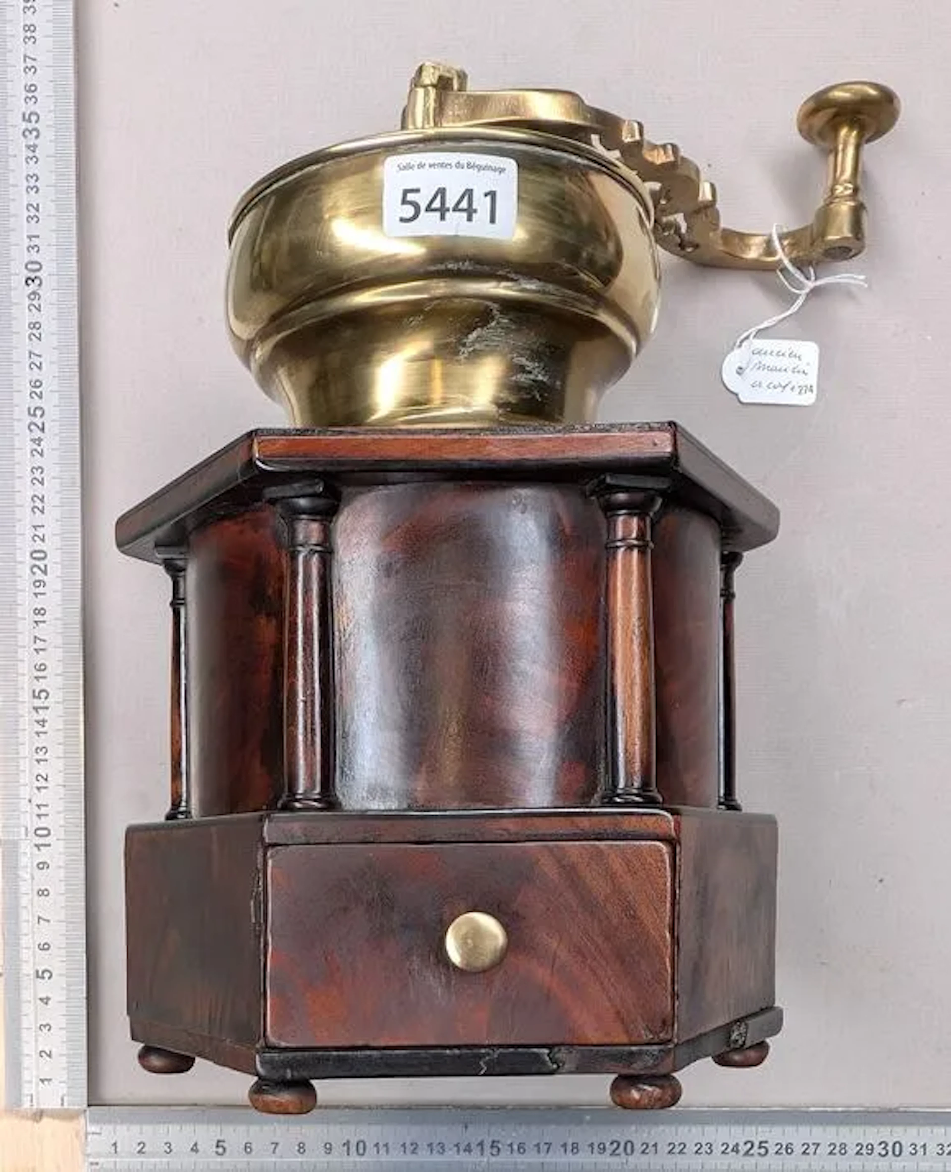 Antique 18th-century coffee grinder—see photos for dimensions and condition