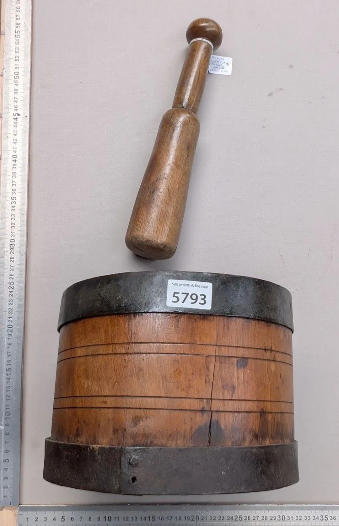 Antique wooden mortar and pestle—see photos for dimensions and condition