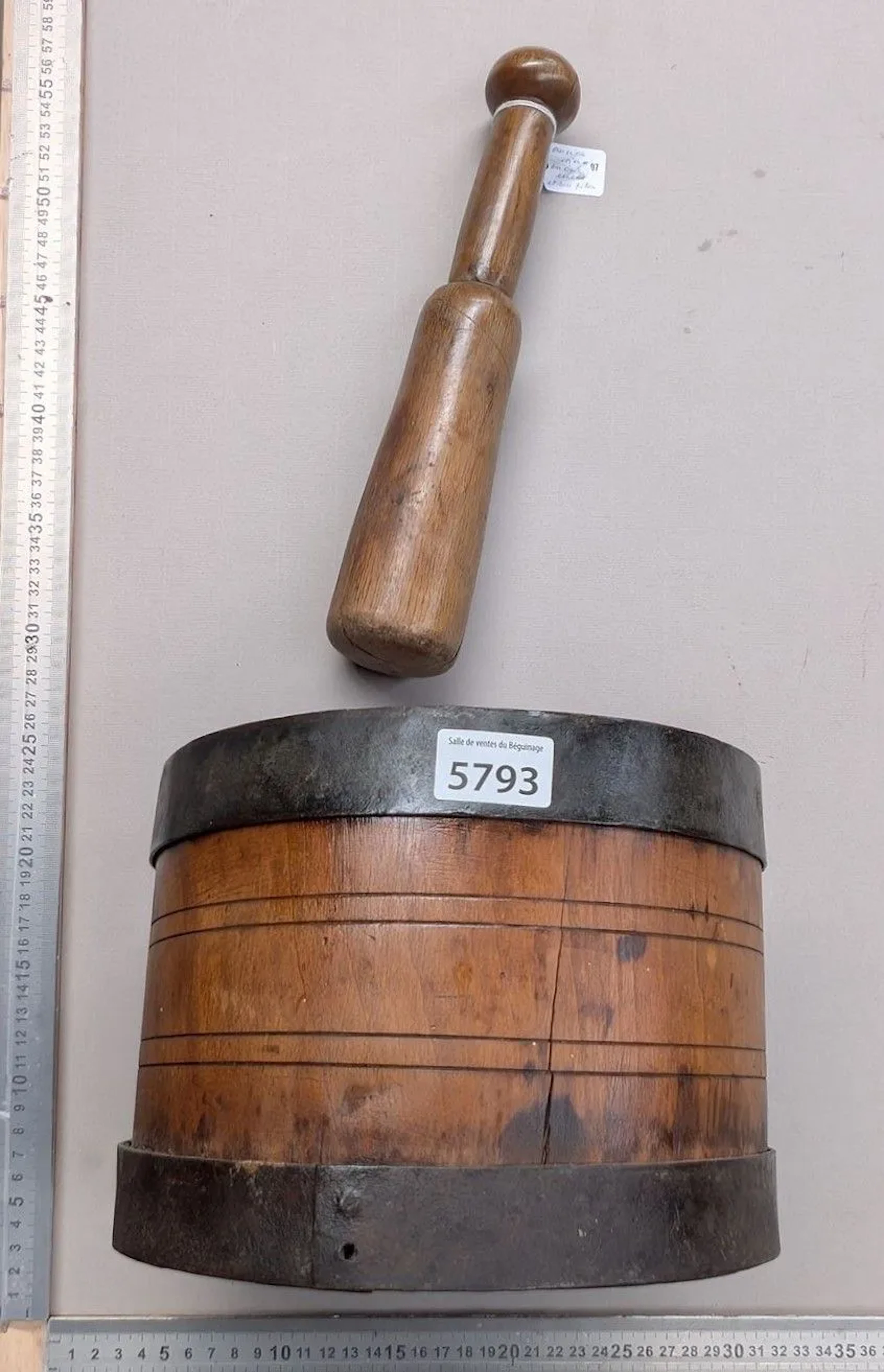 Antique wooden mortar and pestle—see photos for dimensions and condition