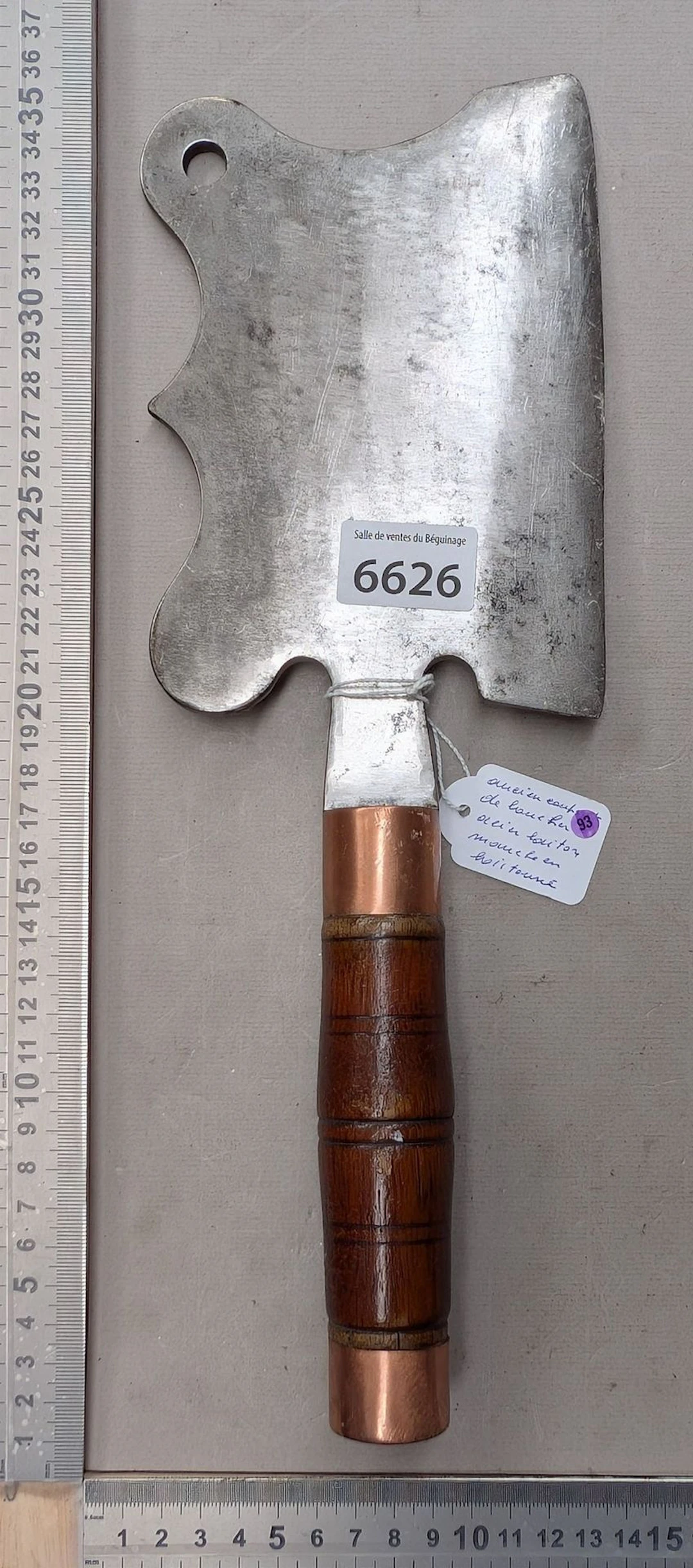Antique brass-steel cleaver with wooden handle—see photos for dimensions