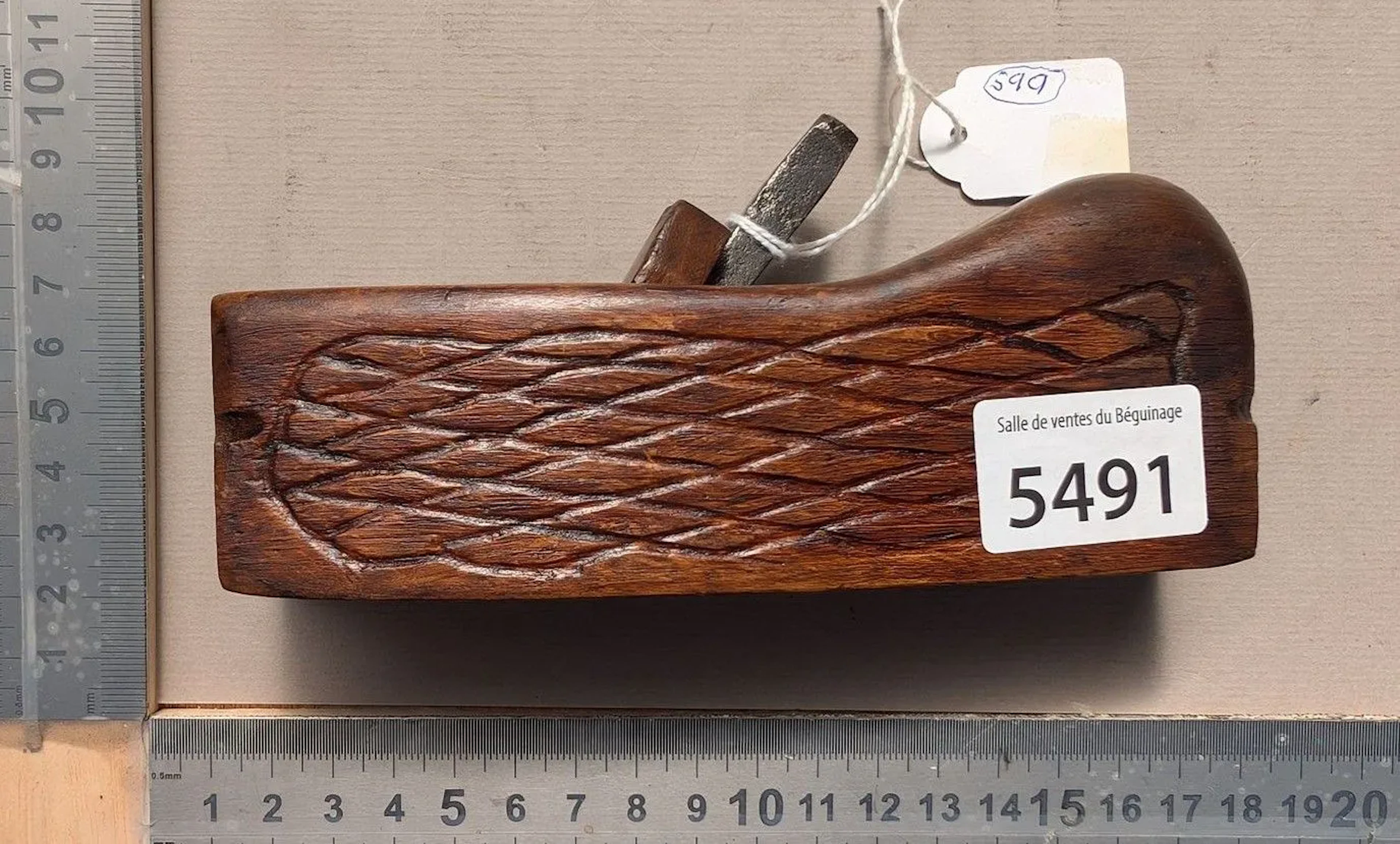 Small, curved wooden hand plane, H.A., 1850–1900—See photos for dimensions