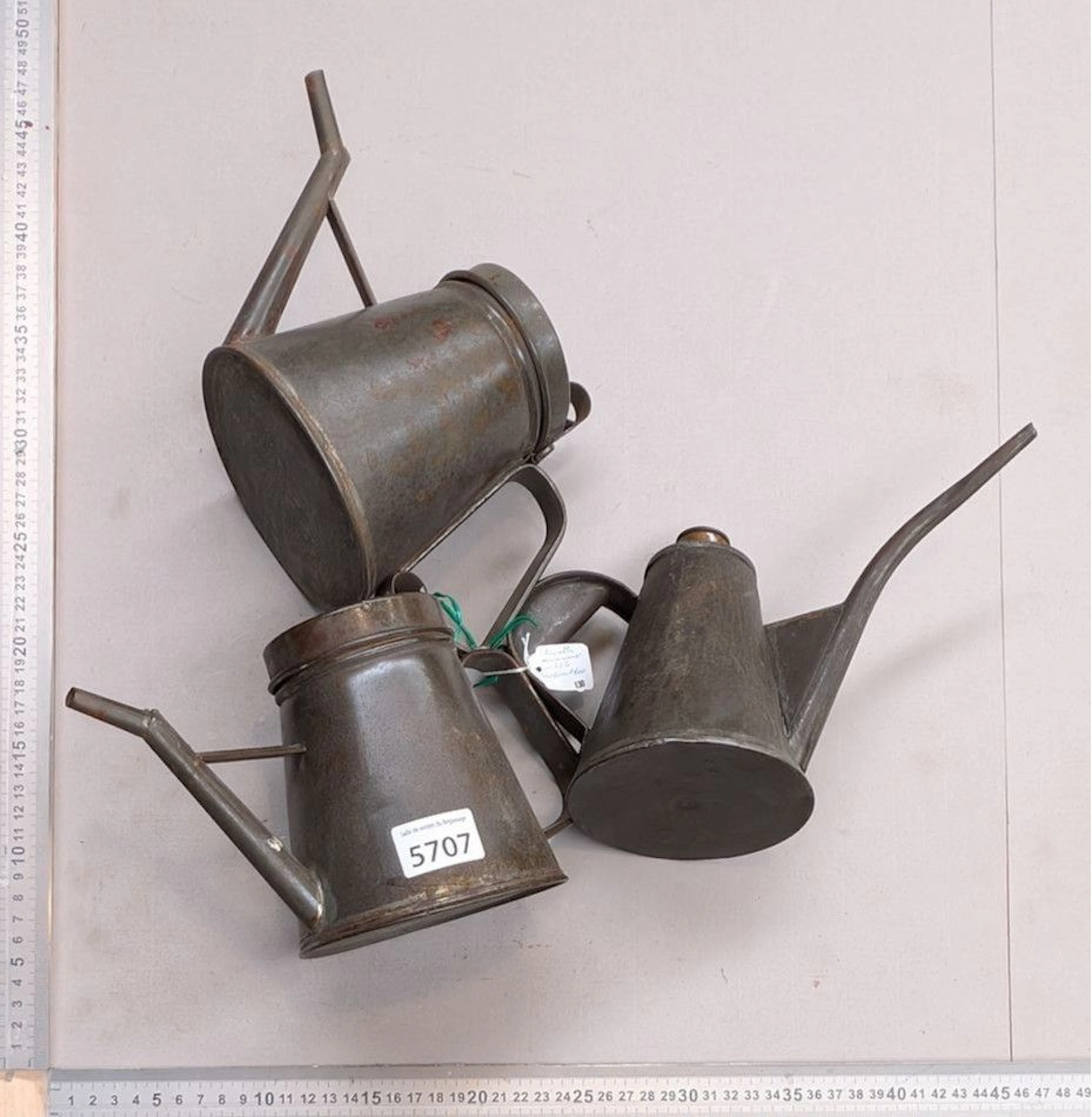 3 antique metal measuring cups—see photos for dimensions and condition